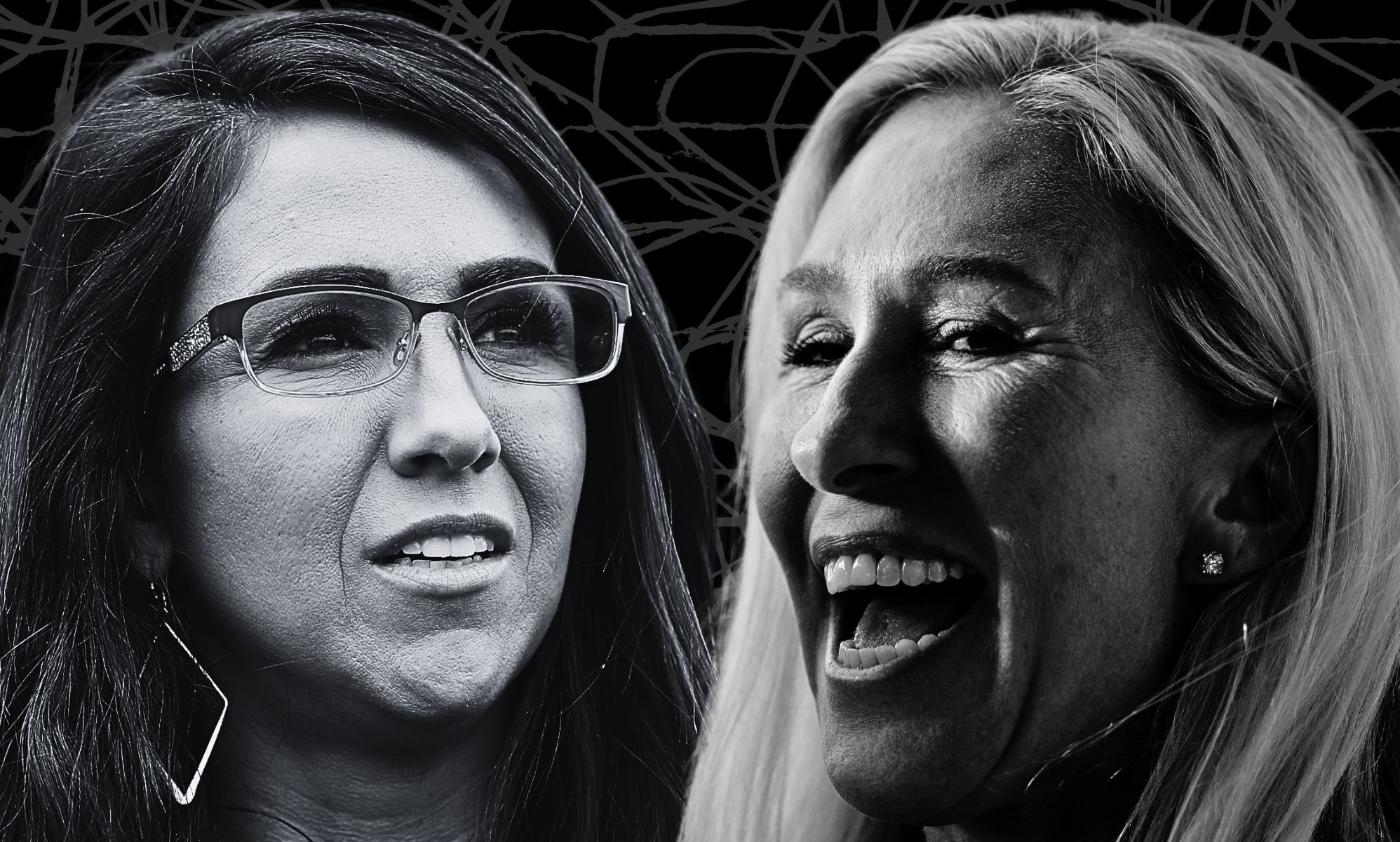 An edited image of Marjorie Taylor Greene and Lauren Boebert.