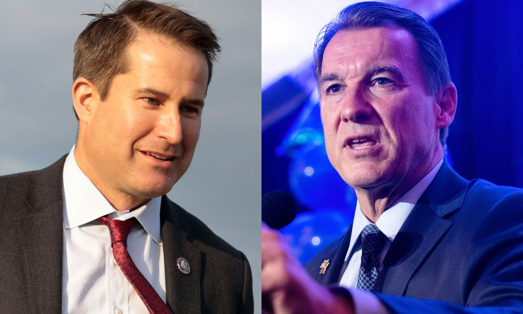 A split image of Seth Moulton, left, and Tom Suozzi, right.