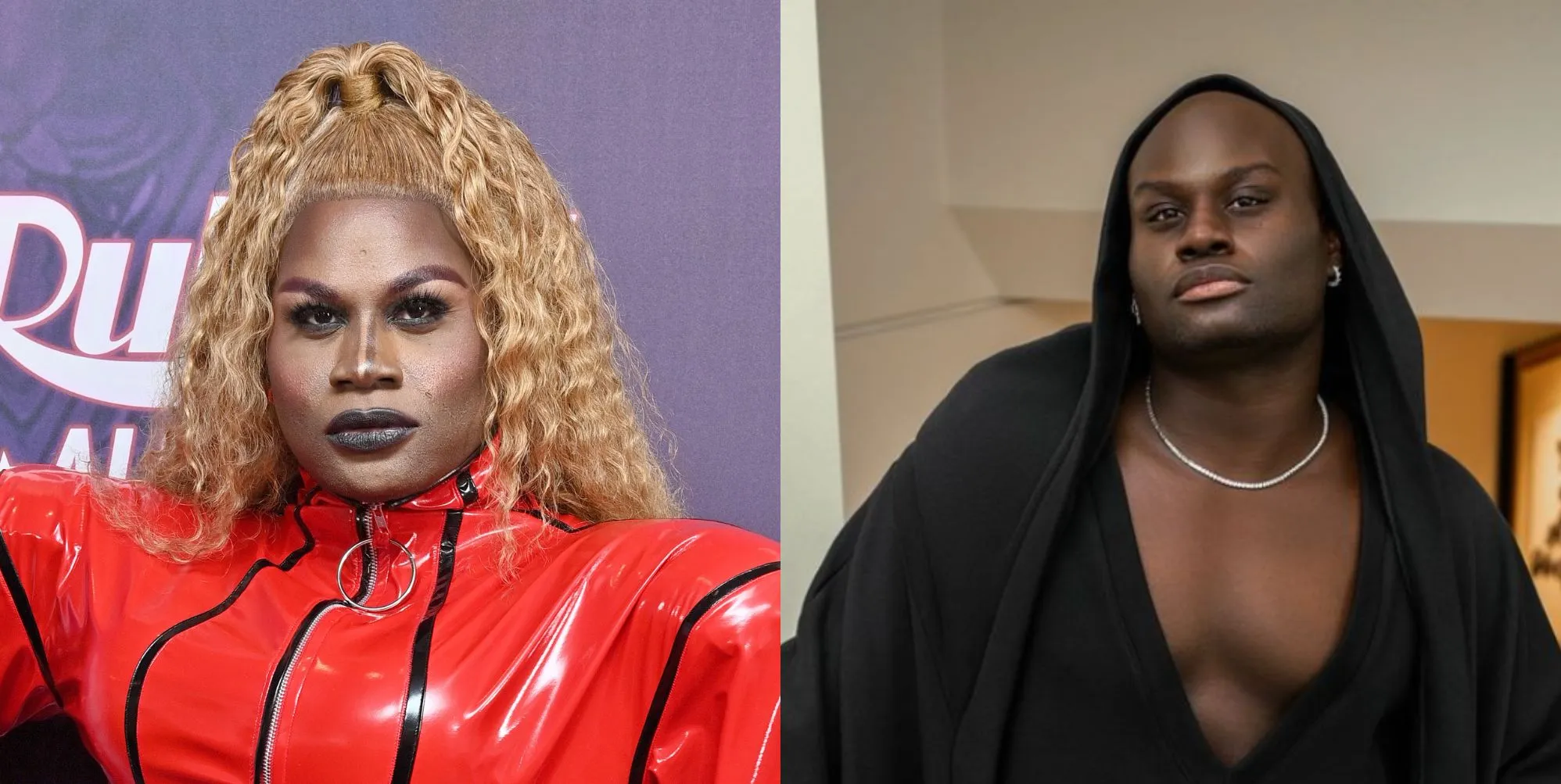 On the left, LaLa Ri in drag on a red carpet in a red outfit. On the right, LaLaRi out of drag in a black hooded top with chest out.