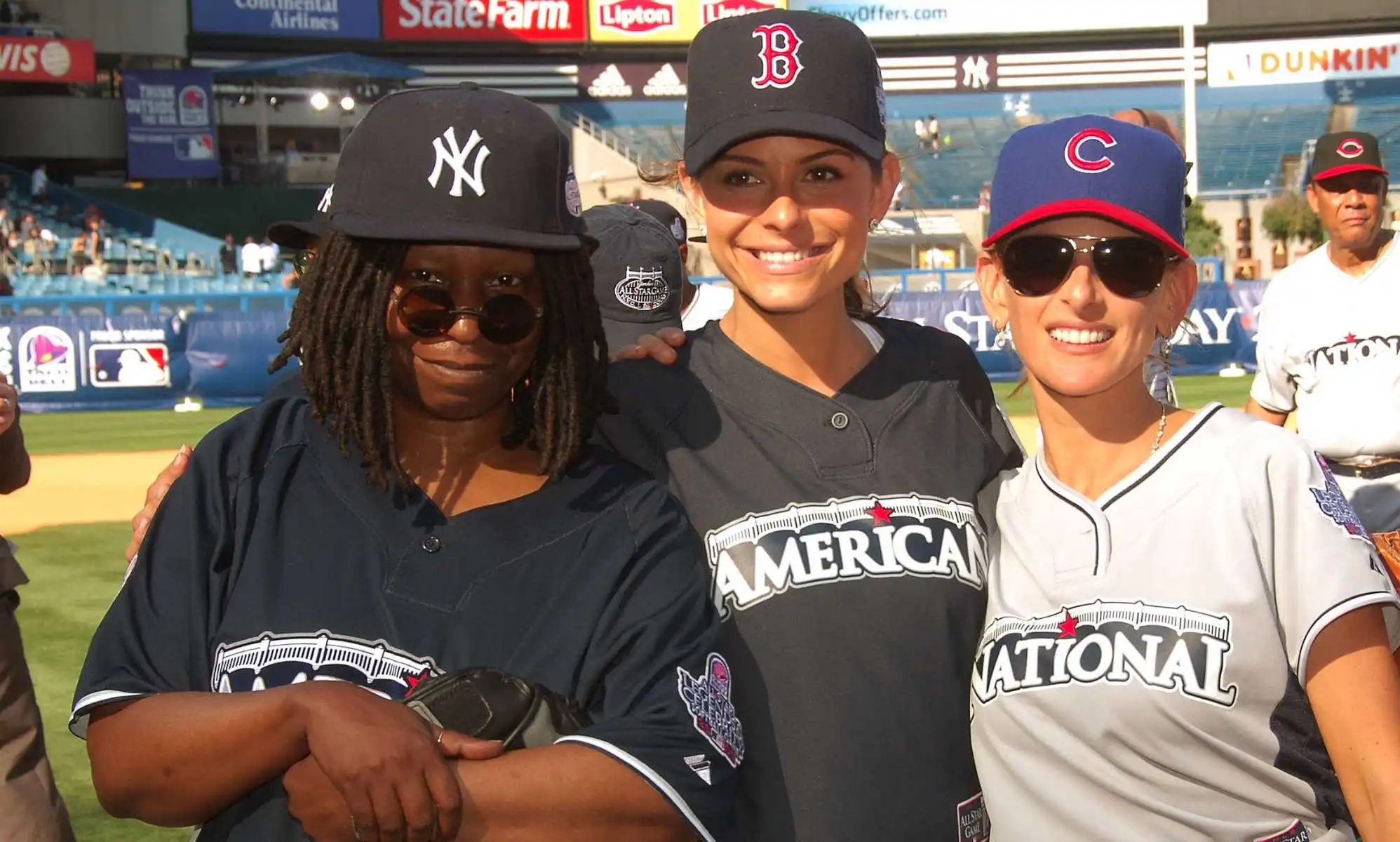 Whoopi Goldberg, Maria Menounos and Marlee Matlin during the 2008 MLB All-Star Week Taco Bell All-Star Legends & Celebrity Softball Game at Yankee Stadium.