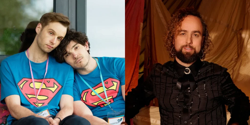 On the left, an image of Fra Fee and Siôn Daniel Young in Lost Boys & Fairies, leaning on each other wearing blue superman shirts. On the right, the show