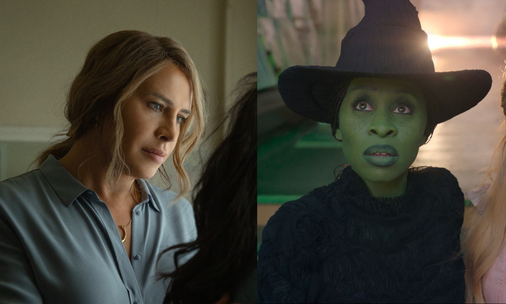 Split still of Emilia Pérez and Wicked.