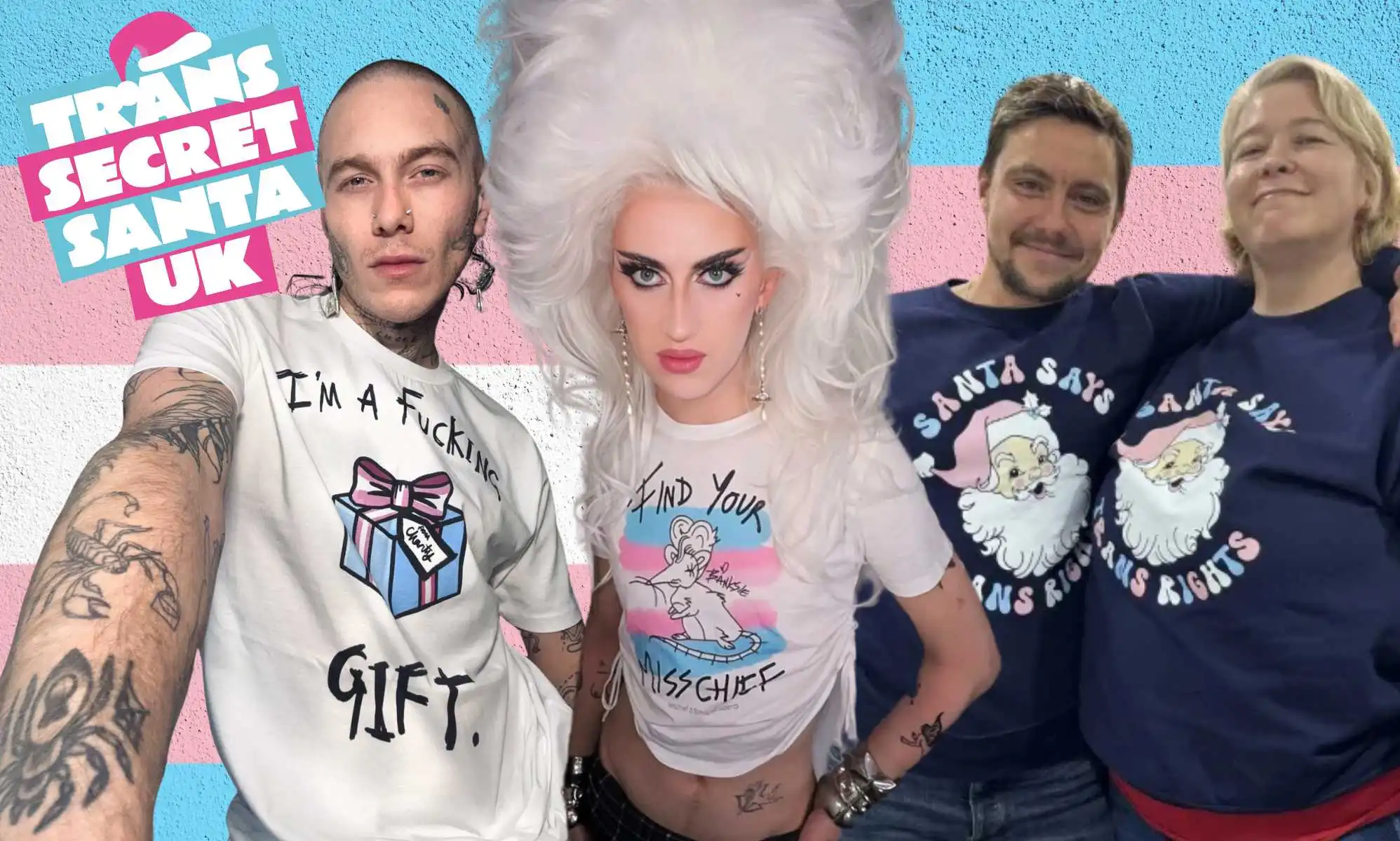 From left to right: RuPaul Drag Race stars Charity Kase and Banksie, trans campaigner Jude Guaitamacchi and Stonewall