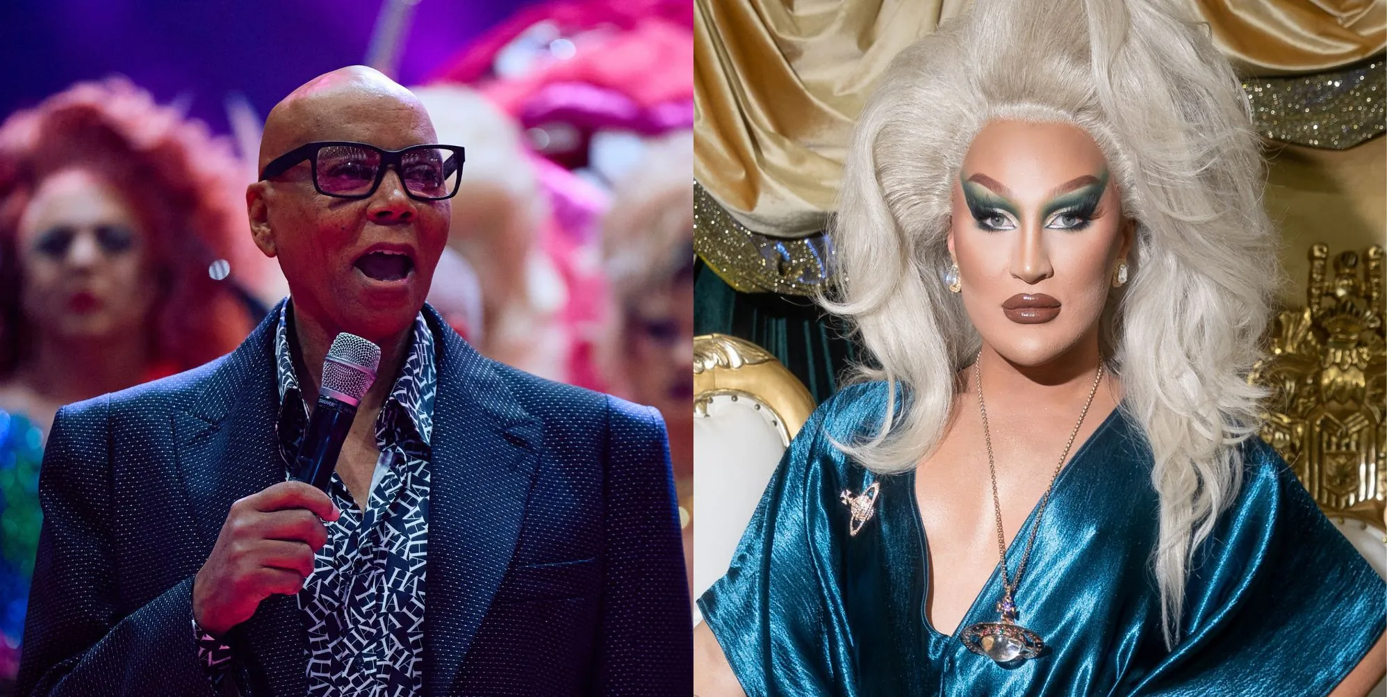 RuPaul (left) speaking into a microphone on the opening day of DragConUK 2025. The Vivienne (left) at Drag Con LA in 2022.