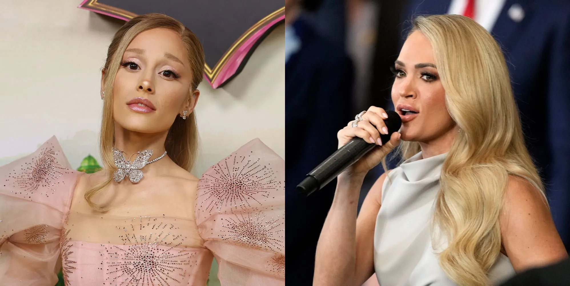 Ariana Grande on the left at a premiere for Wicked wearing a big pink dress. On the right, Carrie Underwood performs at the Trump inauguration, holding a microphone.