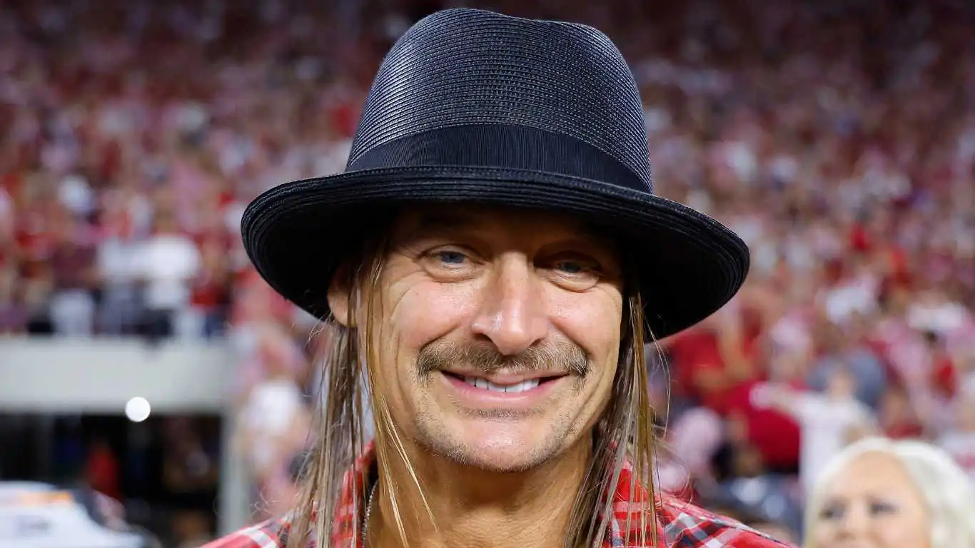 Kid Rock smiles on the sideline of the game between the Georgia Bulldogs and Alabama Crimson Tide at Bryant-Denny Stadium on September 28, 2024 in Tuscaloosa, Alabama. (