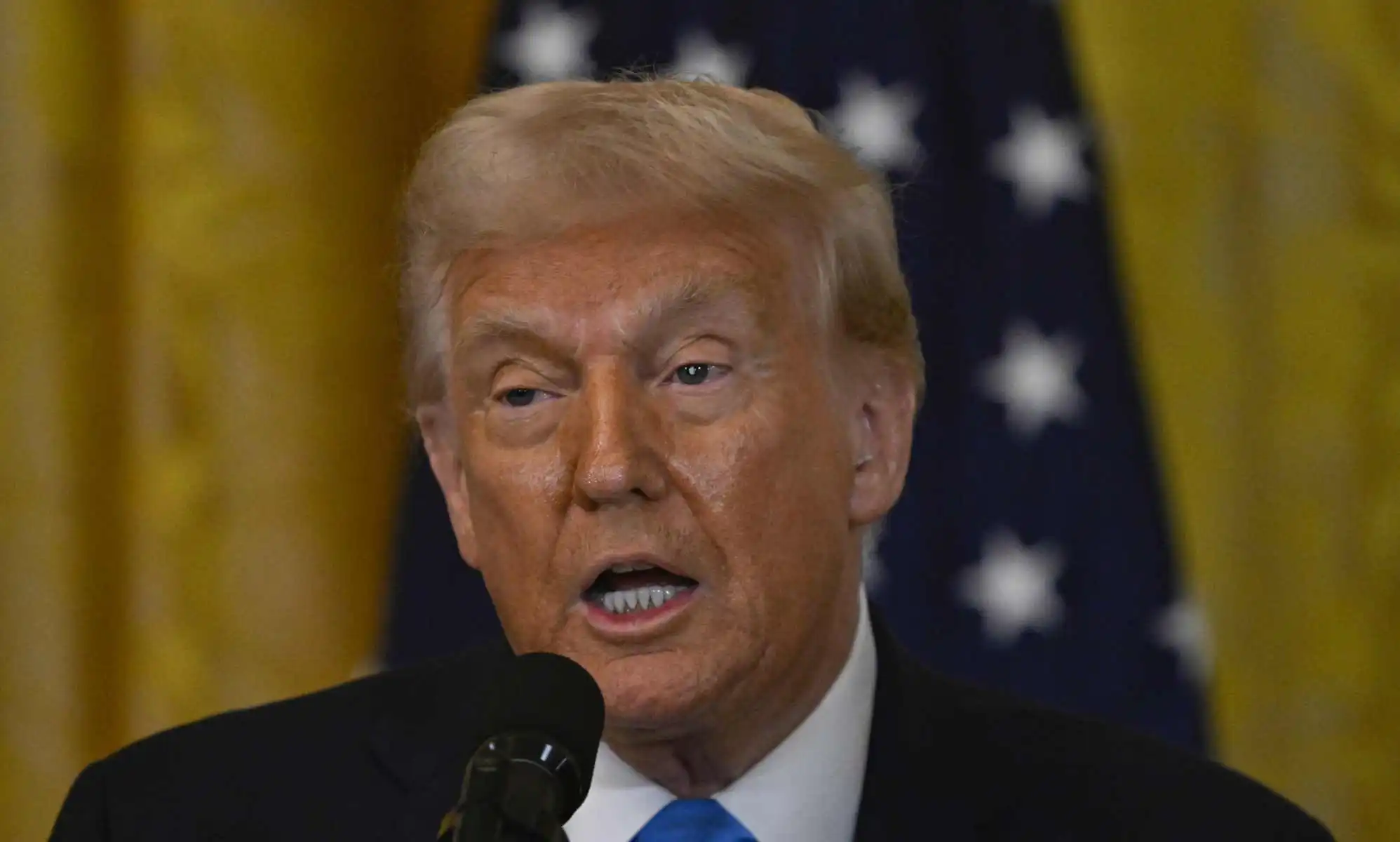 US president Donald Trump with a US flag behind him