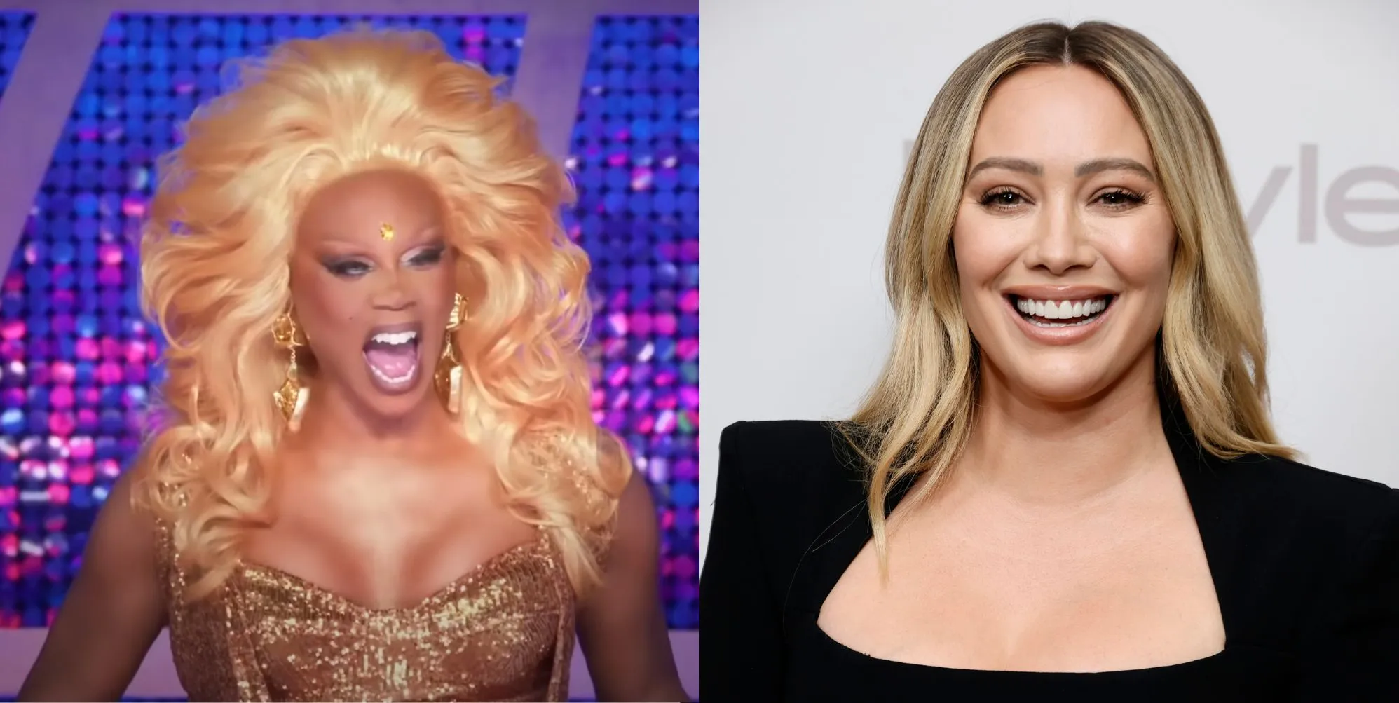 A still of RuPaul laughing on Global All Stars (left). A photo of Hilary Duff smiling widely in a black dress (right).