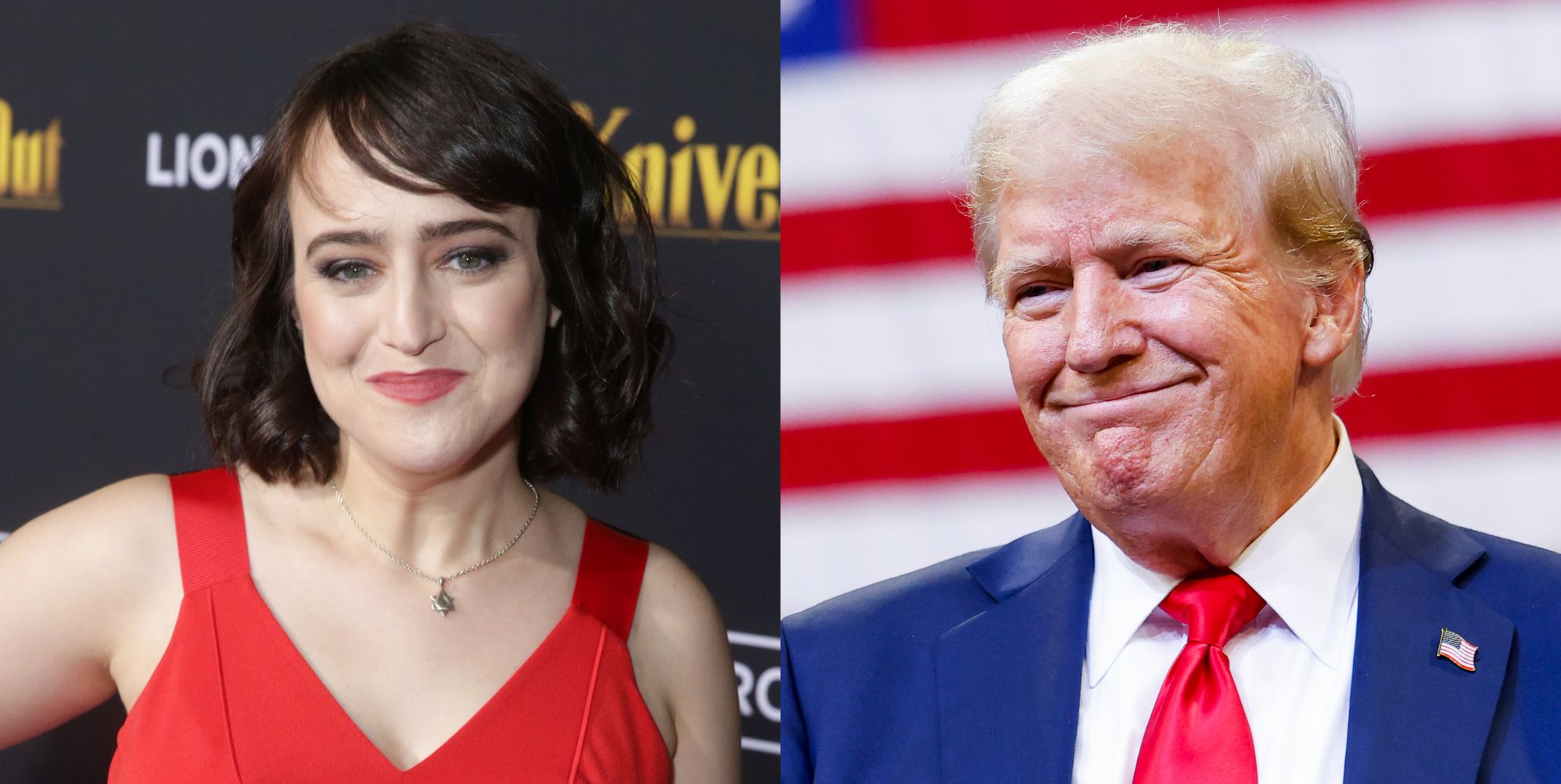 Mara Wilson (left) poses in a red dress on a red carpet, smiling. On the right, Donald trump in a blue suit and red tie, scrunching his face up into a smile.