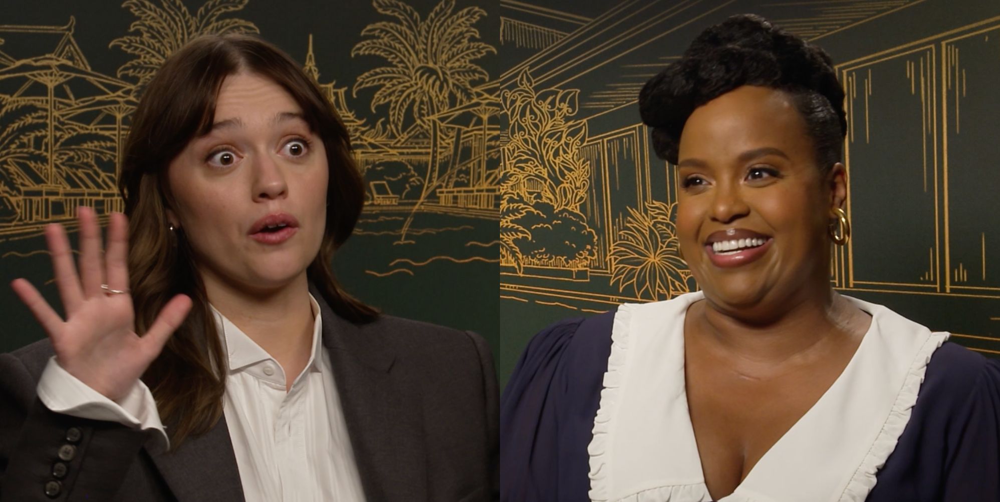 Aimee Lou Wood lifting her hand up with a shocked expression and Natasha Rothwell smiling in two separate stills from an interview with PinkNews.