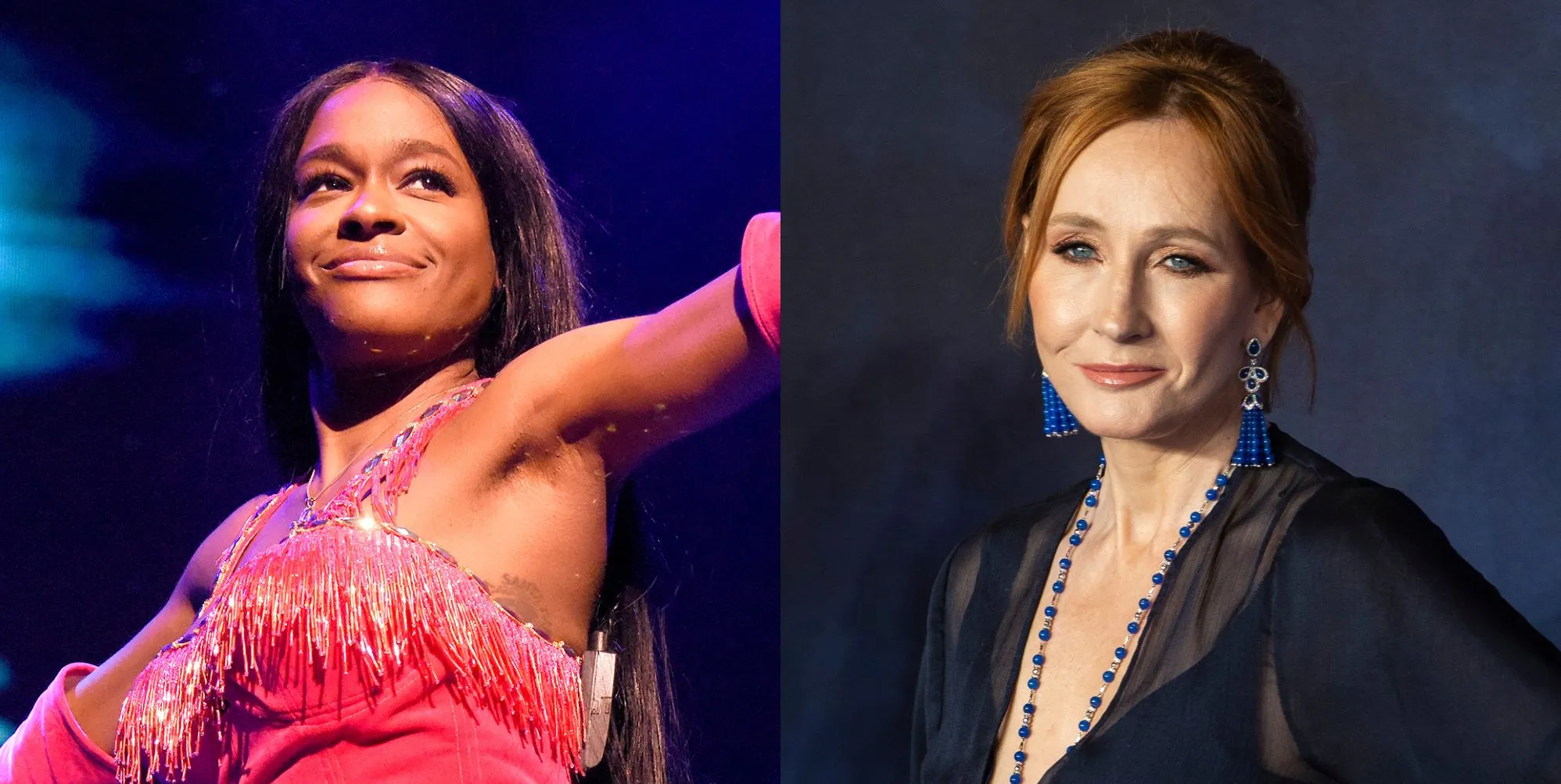 On the left, a photo of Azealia Banks performing with a microphone in a pink outfit. On the right, JK Rowling in a blue dress at a red carpet premiere in 2018.