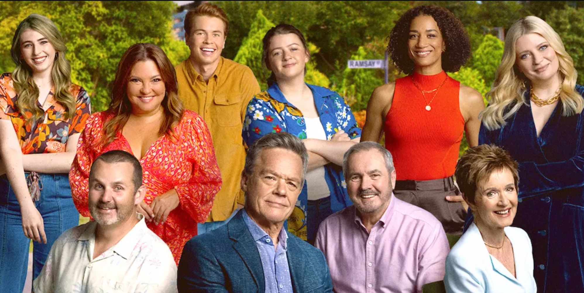 A promotional image for Australian soap neighbours featuring 10 members of the cast looking at the camera wearing colourful clothing
