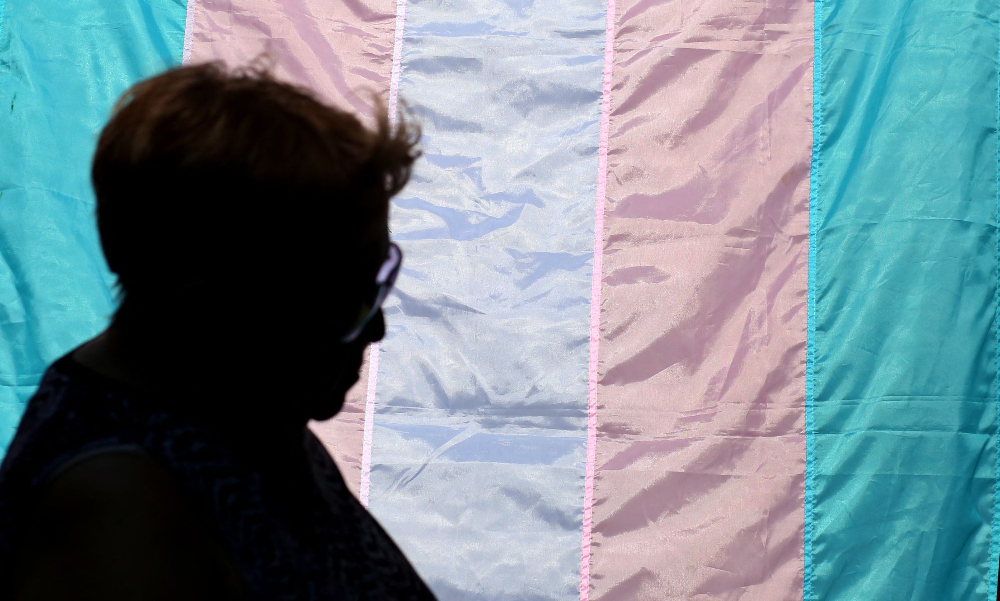 A silhouette in front of a trans flag.