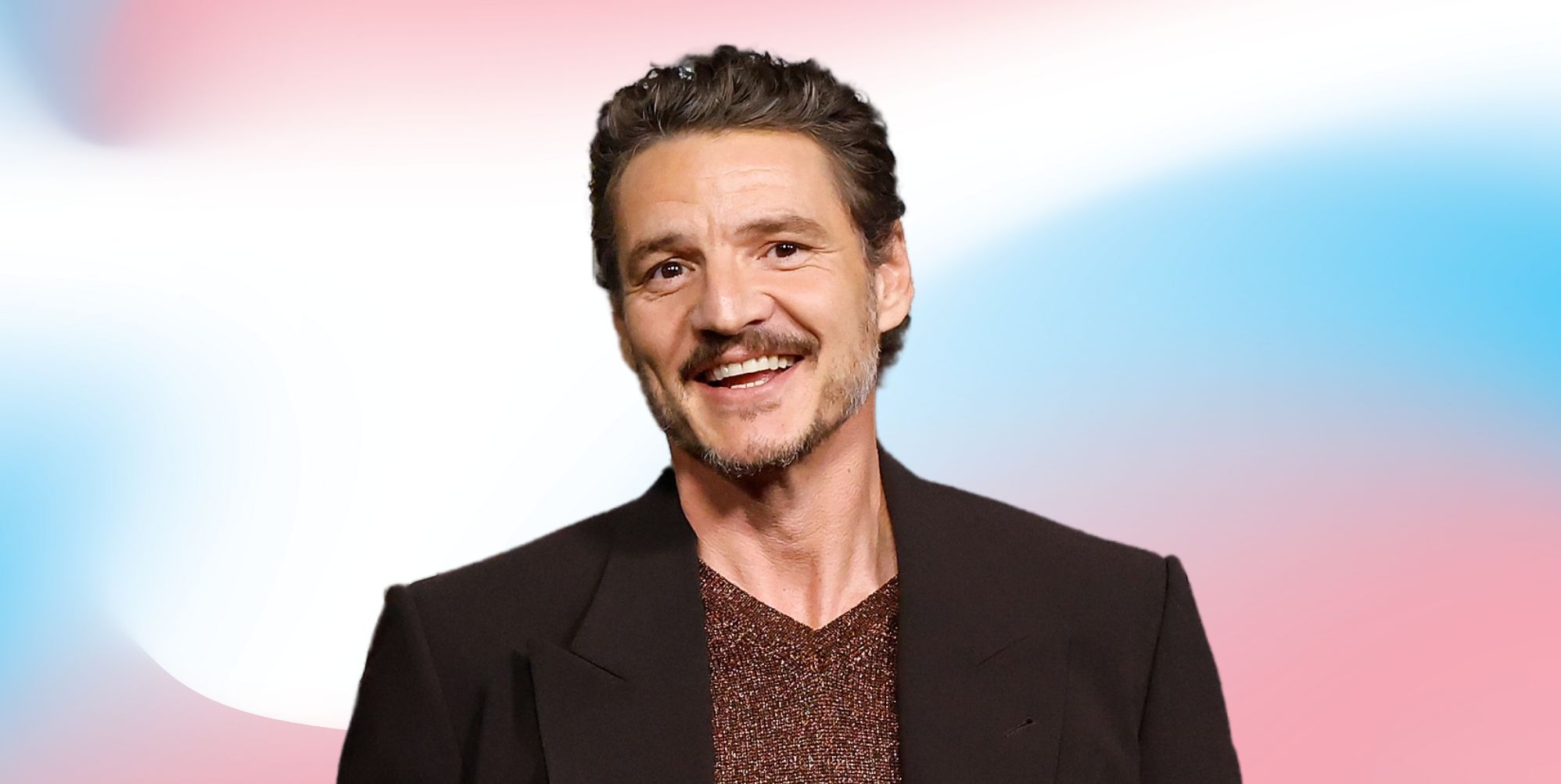 Pedro Pascal in a brown suit jacket smiling, overlayed over a pink, white and light blue background