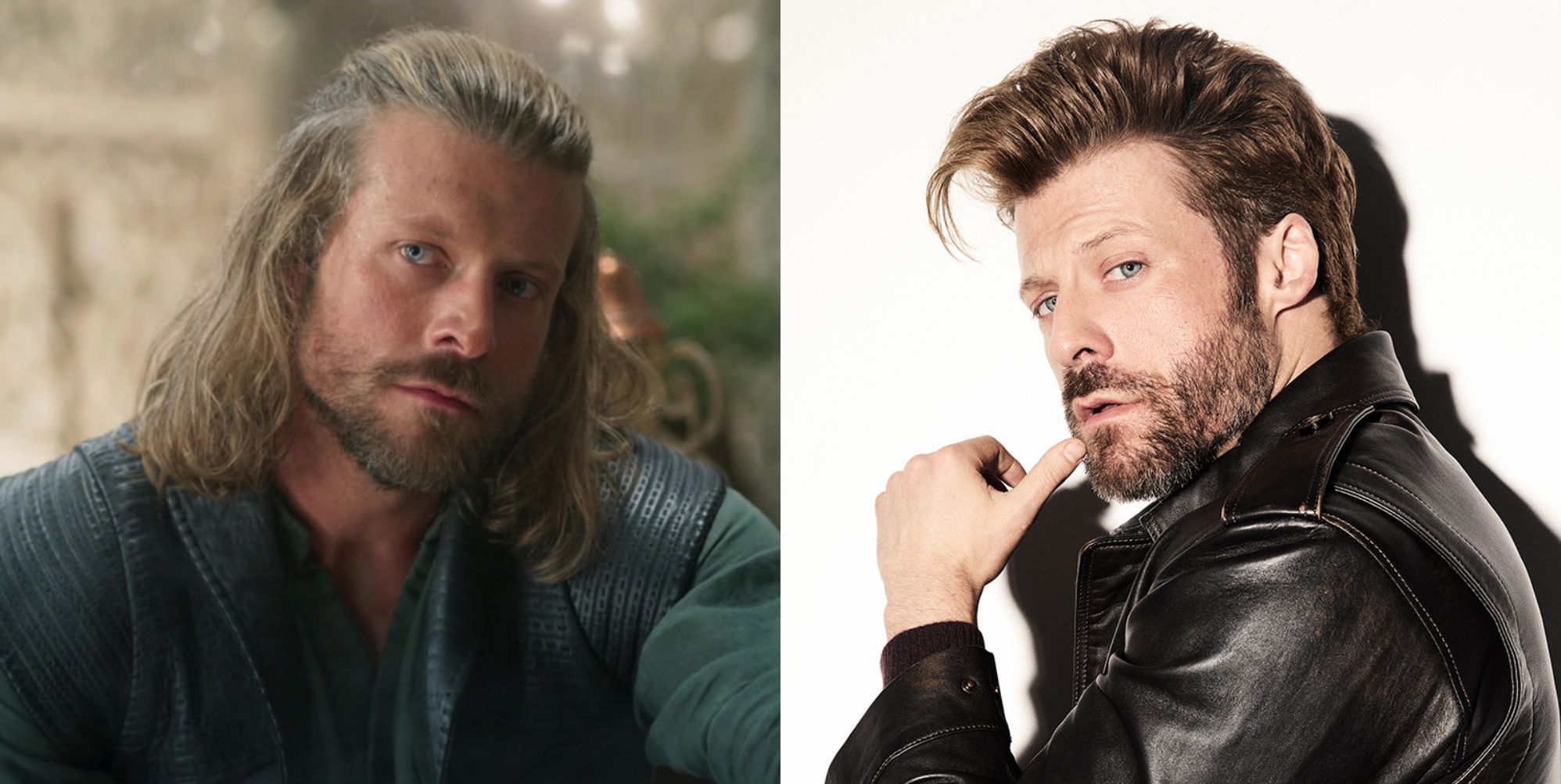 The Wheel of Time star Taylor Napier as Maksim (left) and posing against a white background (right).
