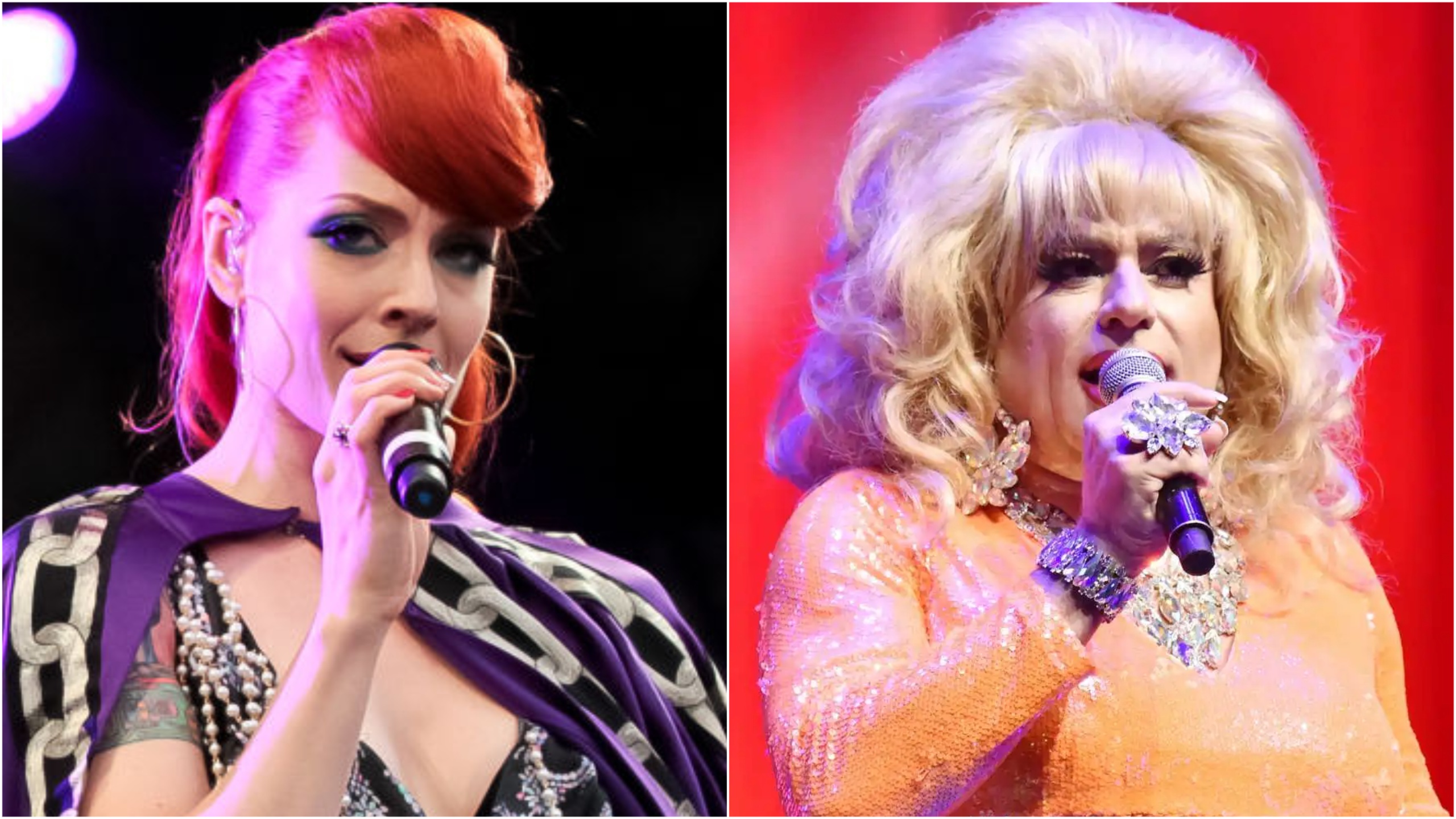 Left: Ana Matronic, Right: Heklina - both holding microphones