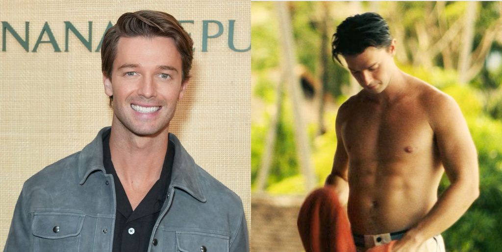 Patrick Schwarzenegger smiles on a red carpet (left) and appears topless in The White Lotus season three (right)