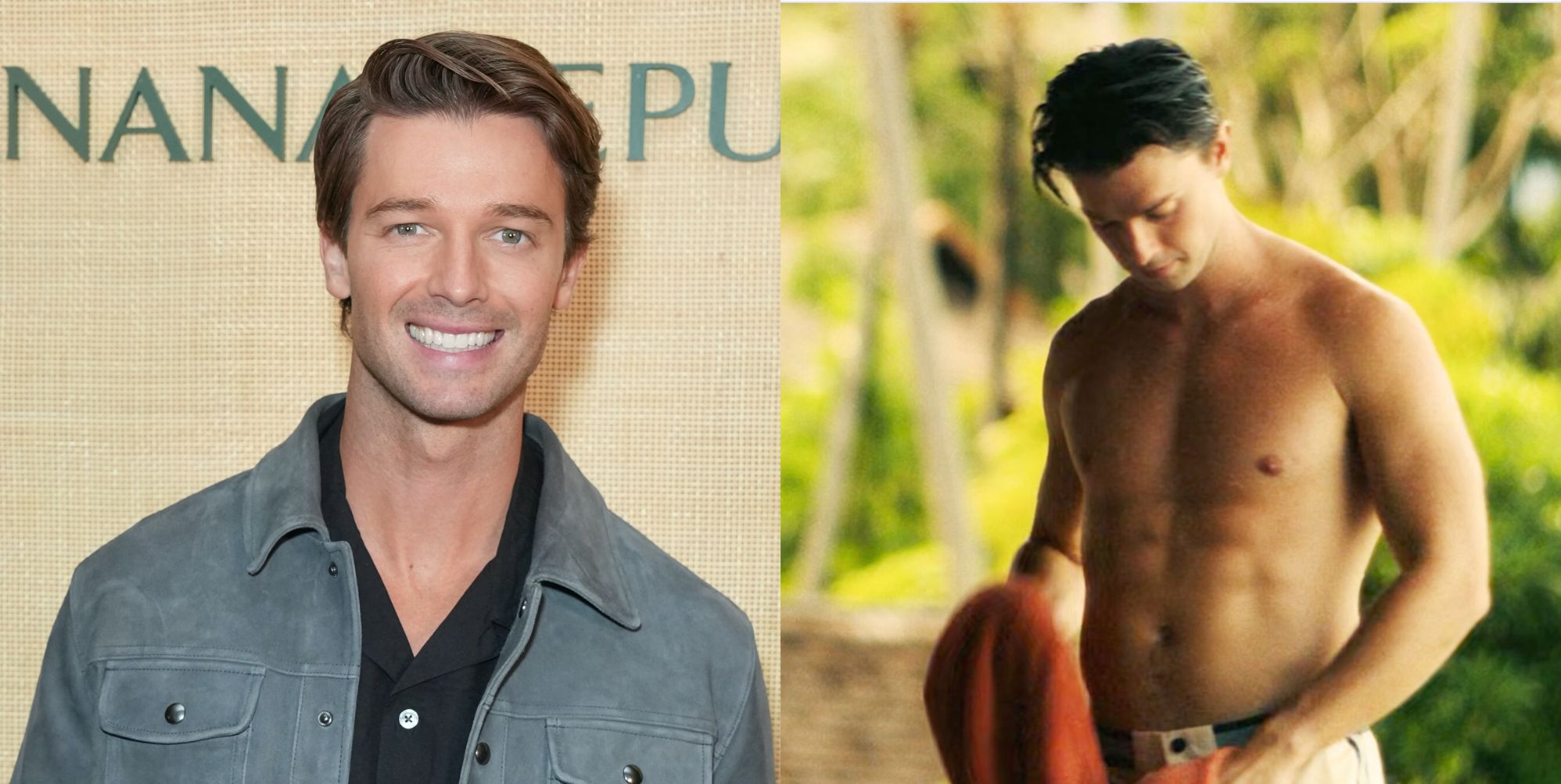 Patrick Schwarzenegger smiles on a red carpet (left) and appears topless in The White Lotus season three (right)
