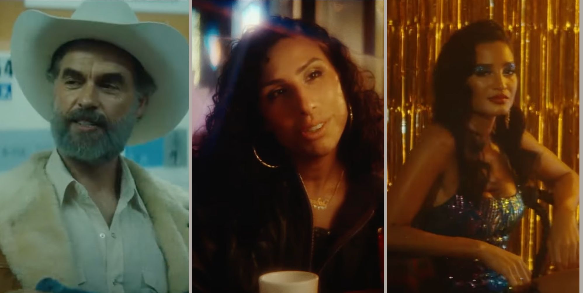 A three image composite featuring murray Bartlett, River Gallo, and Indya Moore in stills from Ponyboi.
