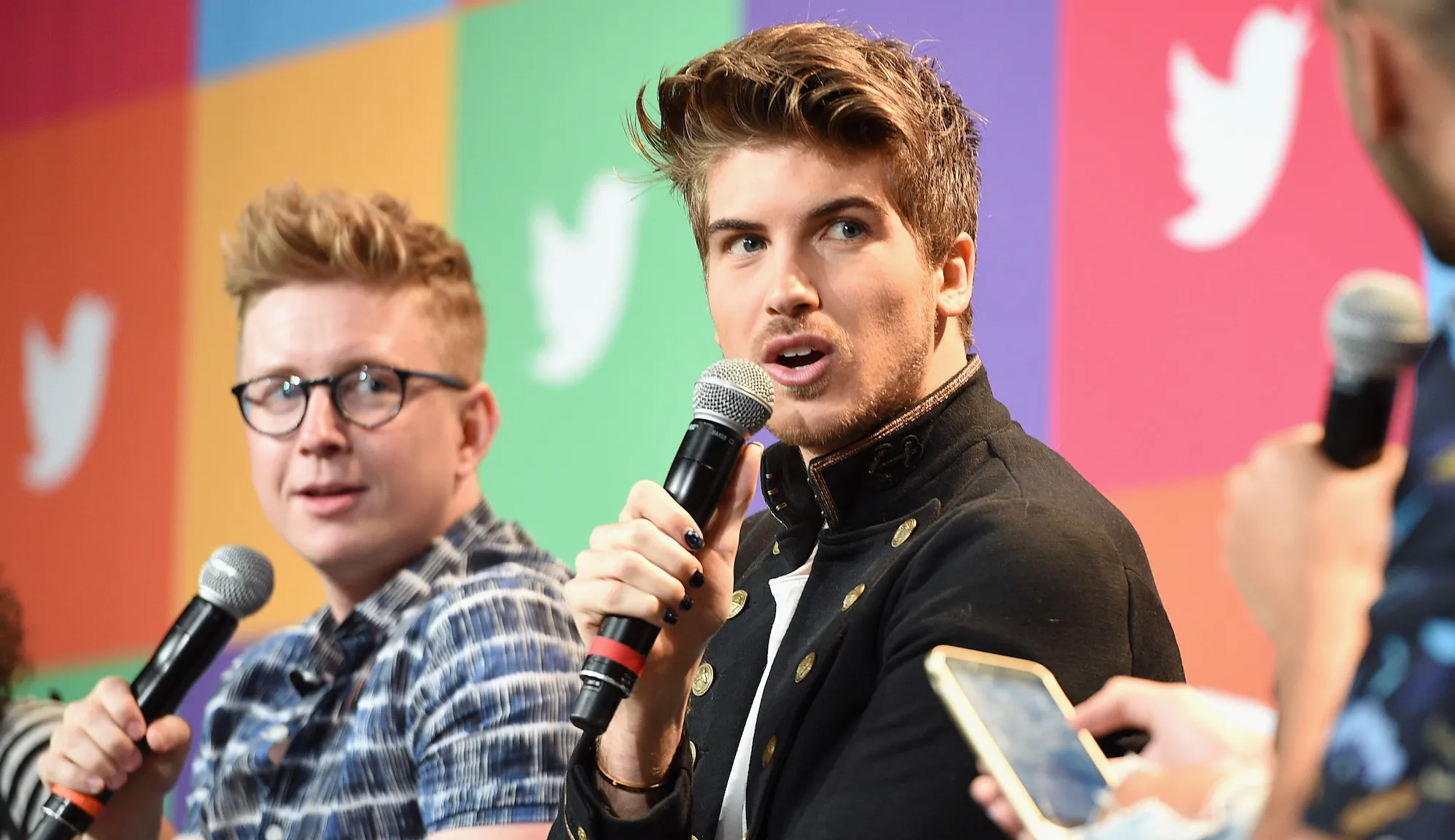 Tyler Oakley and Joey Graceffa at the YouTube @ VidCon Brand Lounge at Anaheim Convention Center on June 22, 2017 in Anaheim, California.