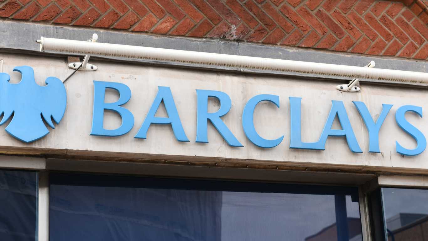 Barclays Bank store sign on building exterior, store frontage