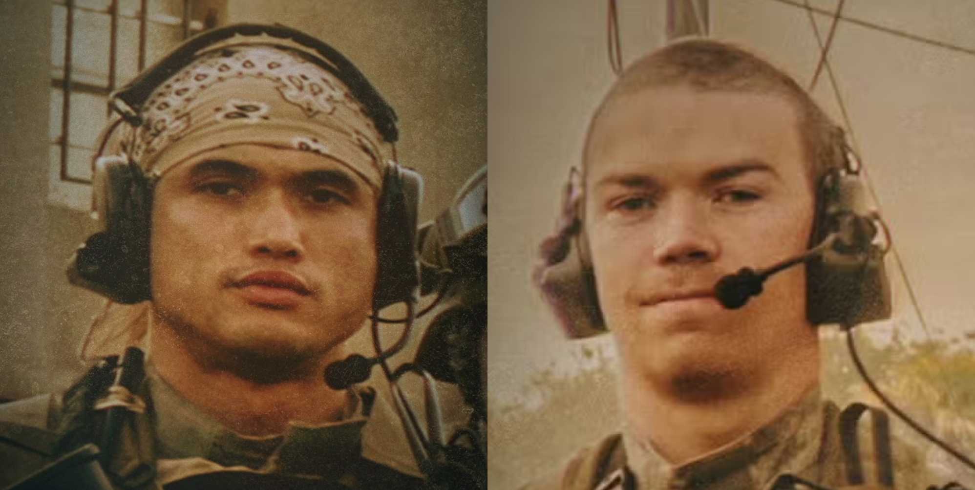 Elenco de guerra apodado Charles Melton 'Top' y Will Poulter 'Daddy' en el set