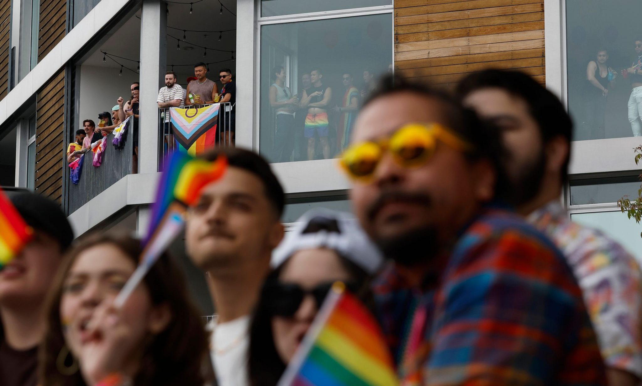 People watch the 2024 WeHo Pride Parade in West Hollywood, California, USA, 02 June 2024.