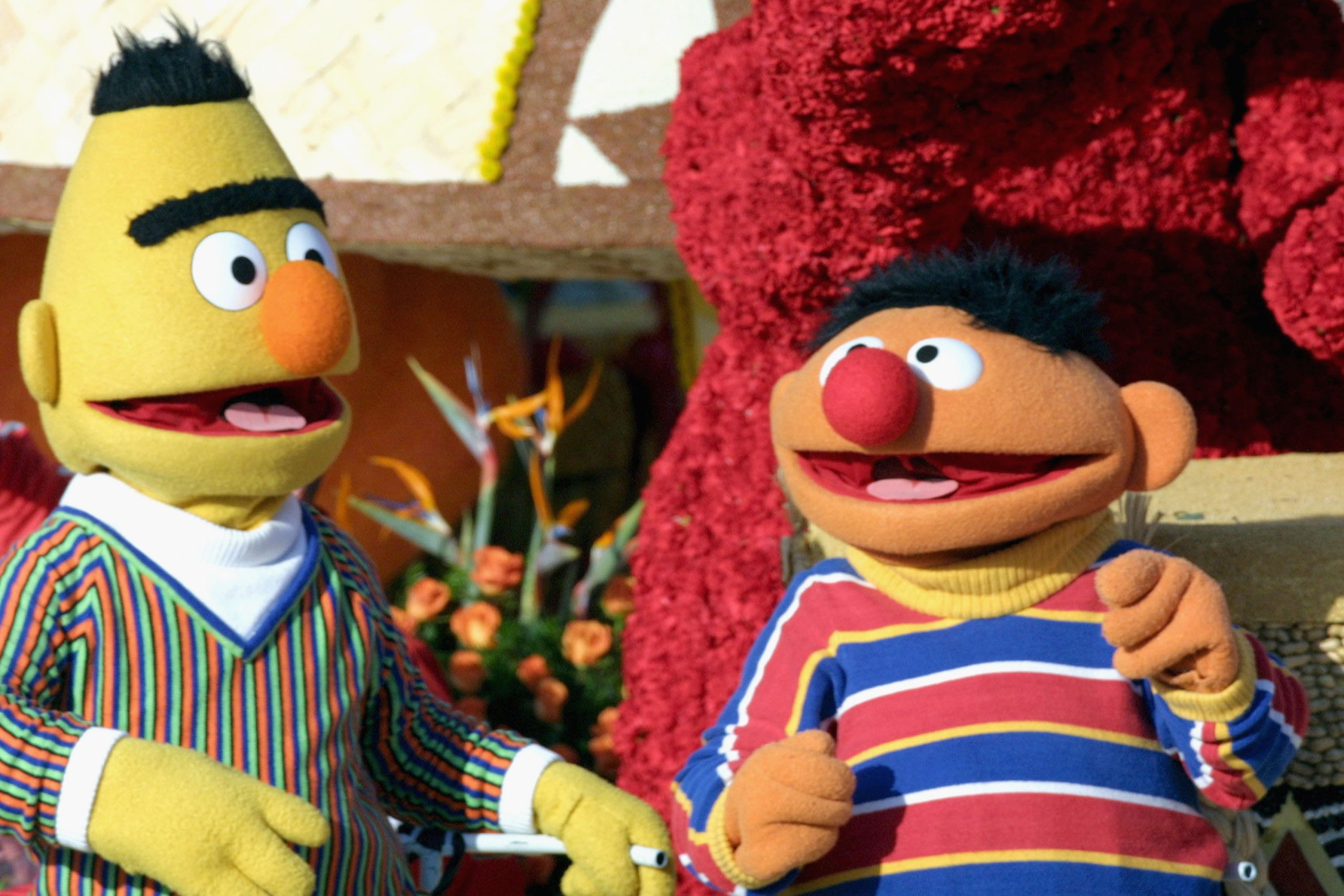 Sesame Street characters Bert and Ernie, who are said by many to be gay, ride the