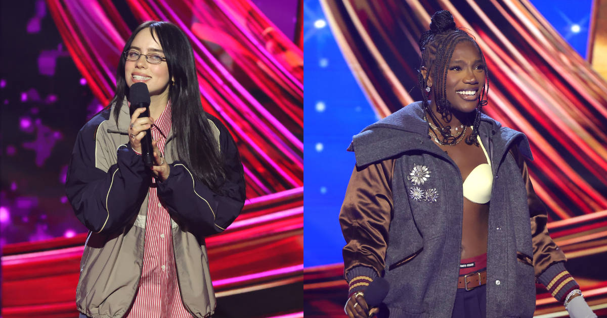 Split photo of Billie Eilish and Doechii.