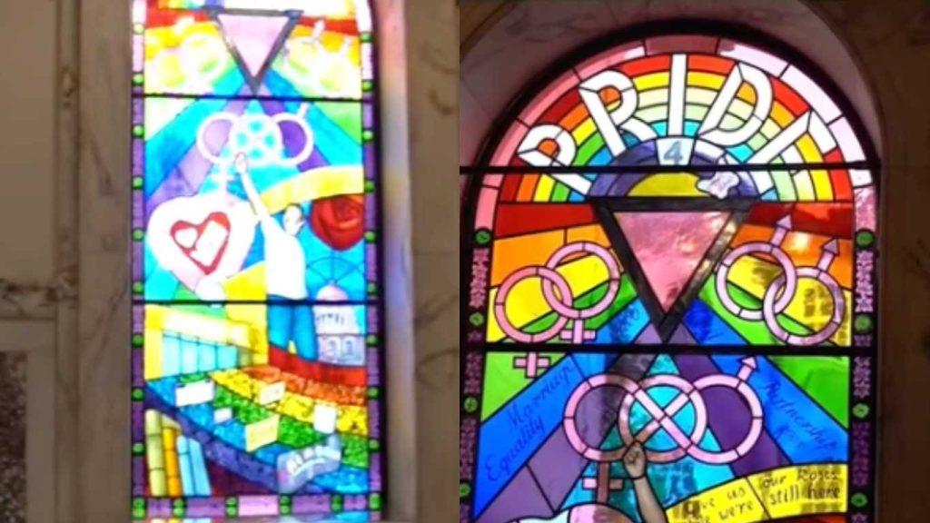 The Pride-themed stained glass window at Belfast City Hall.