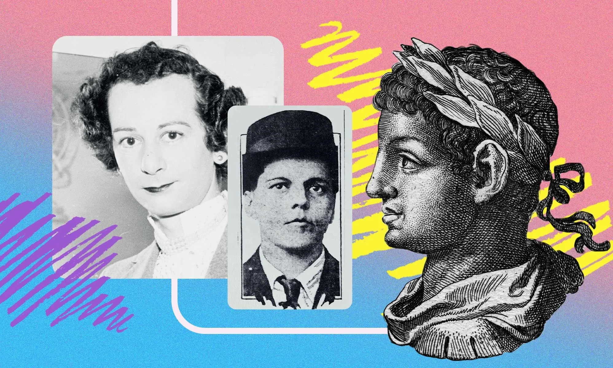 A graphic with pictures of trans historical figures with pink and blue and yellow graphic designs in the background