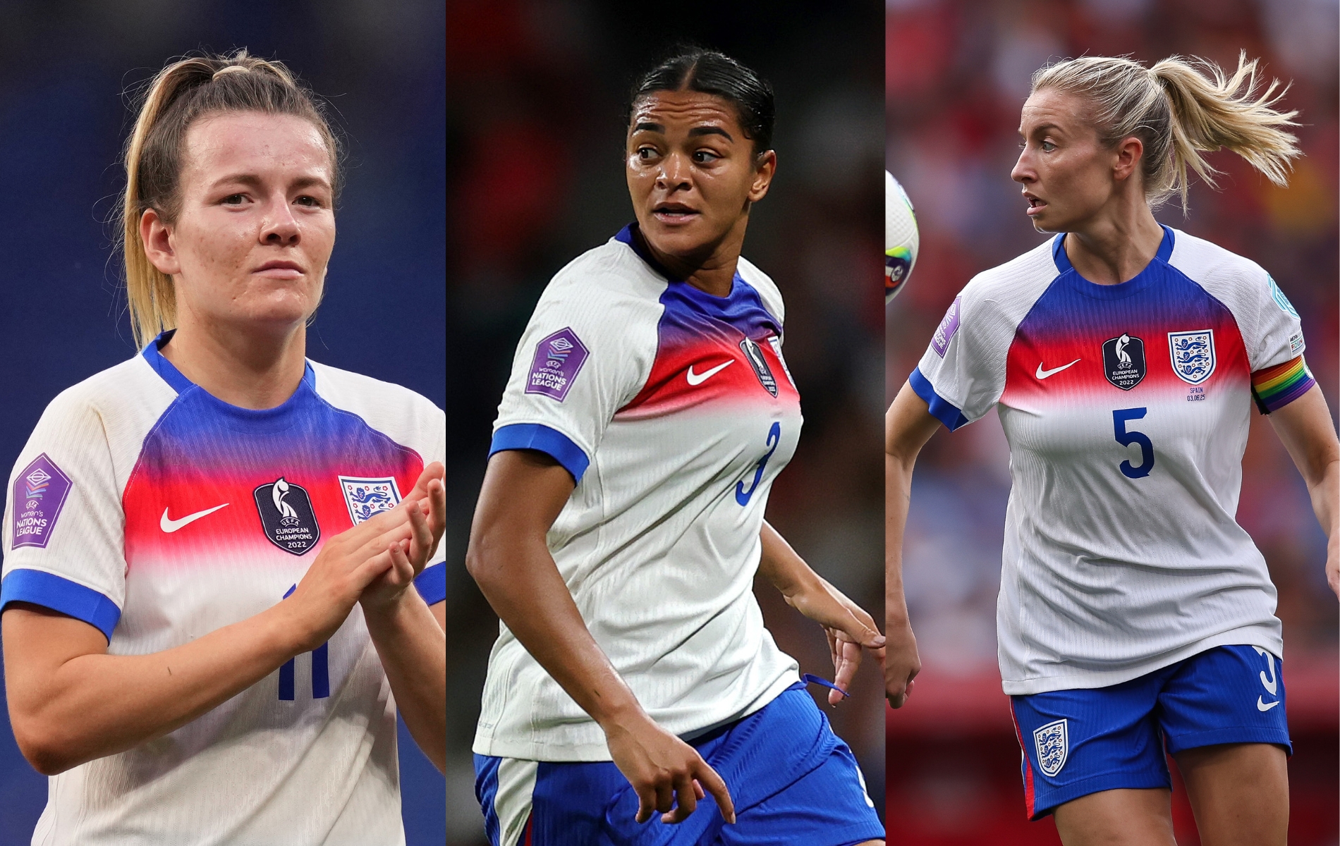 Lauren Hemp, Jess Carter and Leah Williamson on the pitch in the England football kit.
