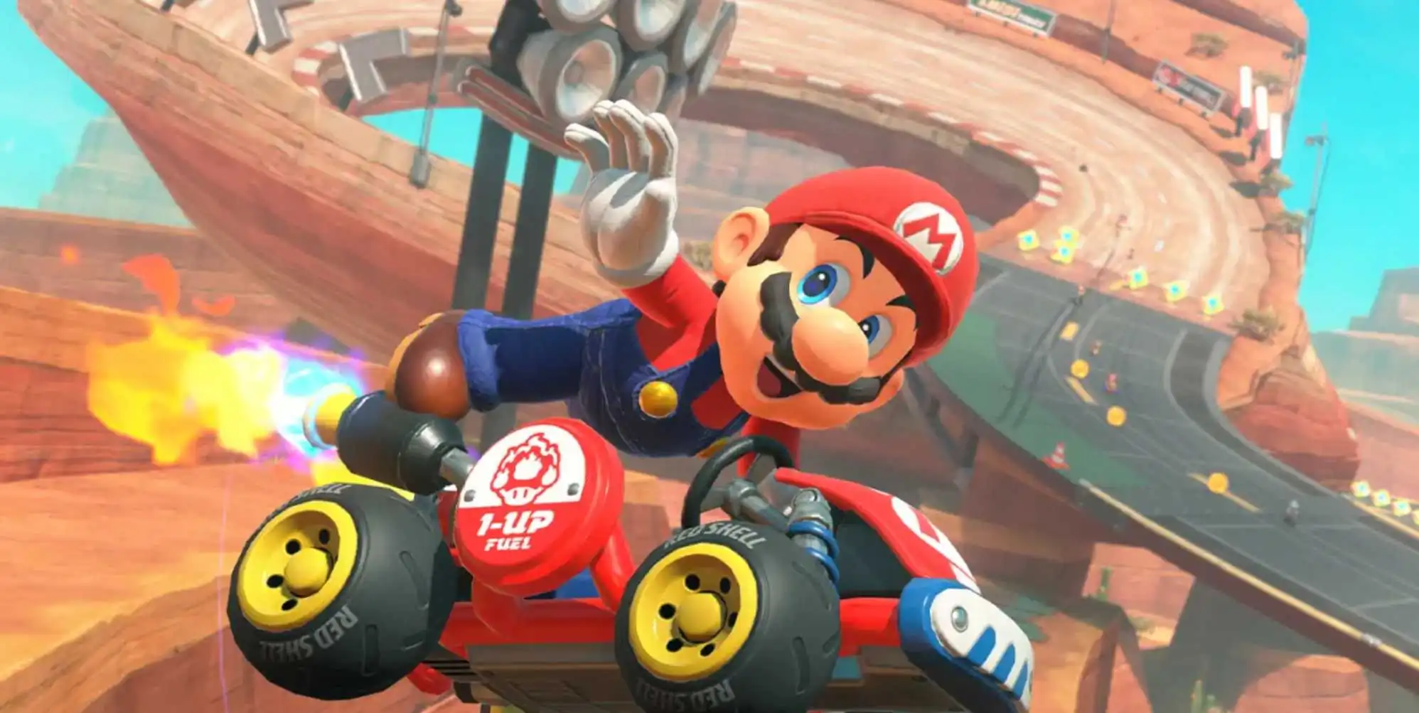 Mario in a graphic for Mario Kart World