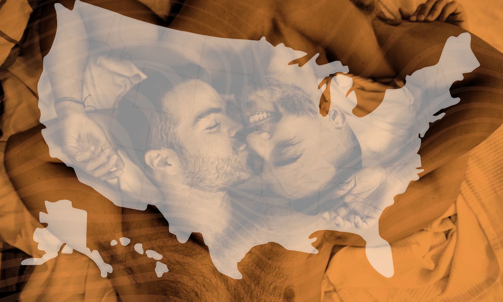 An edited picture of two men kissing with a picture of the American borders on top.