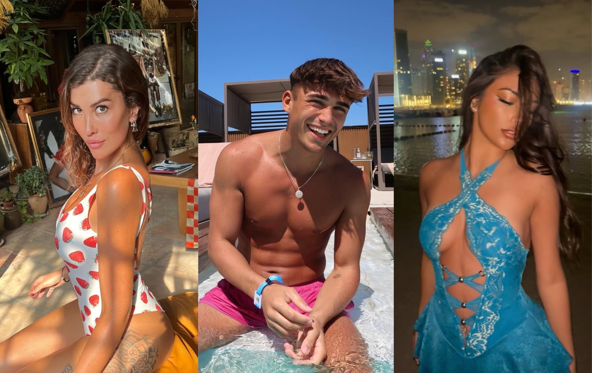 Rumoured Love Island cast: three images. Woman on the left in a strawberry print swimming costume, man in the middle in pink swim shorts in a pool and final image of a woman in blue velvet halter-neck dress in front of a skyline.