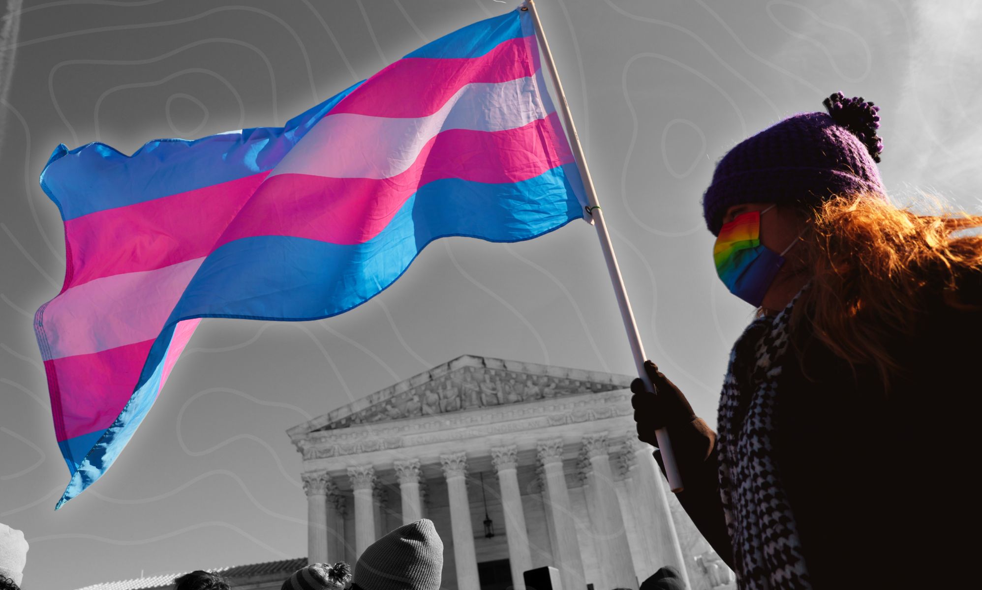 An edited photo of someone holding a trans flag in front of a monochrome Supreme Court building.