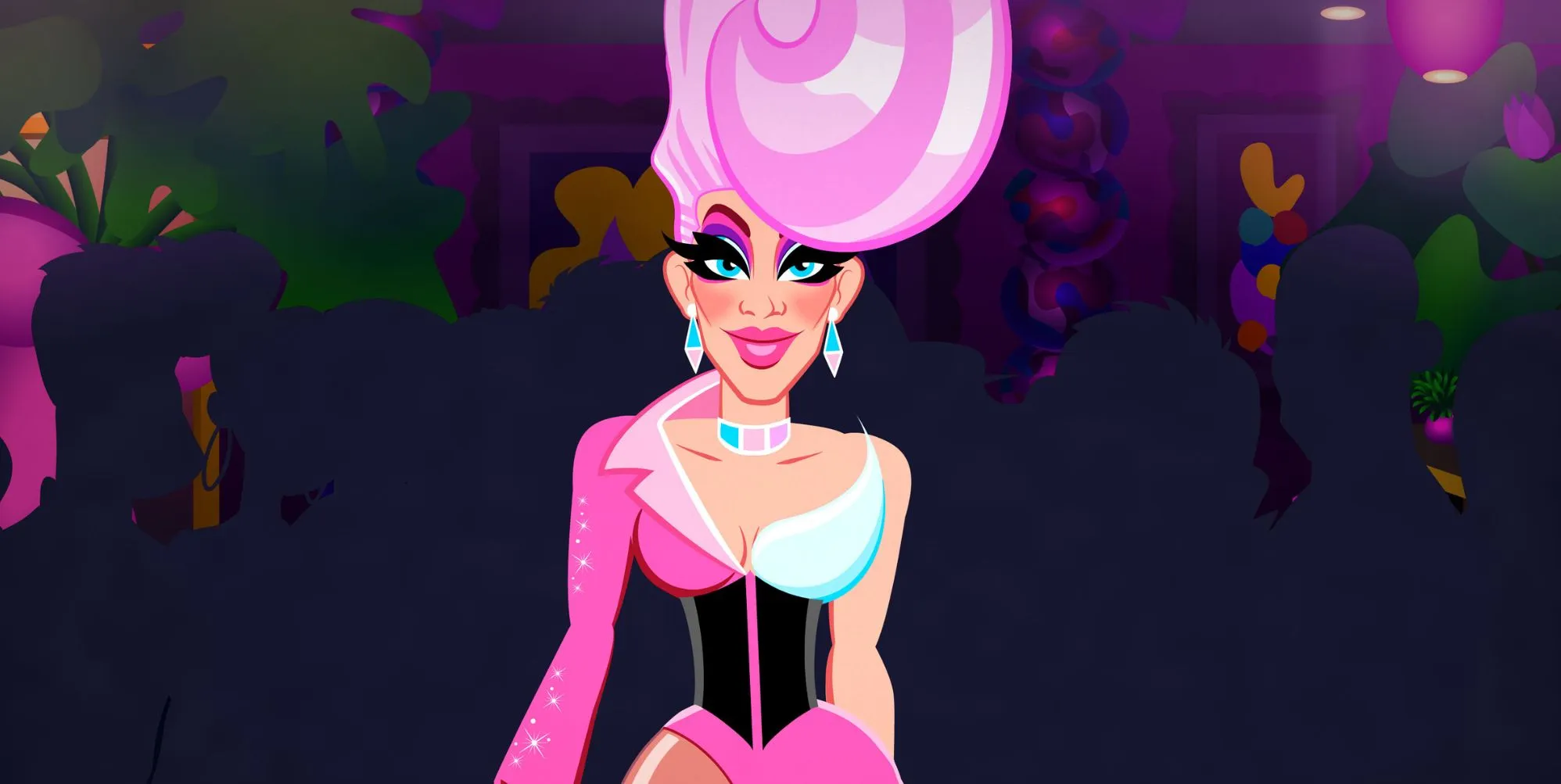 An animated drag queen in a pink outfit and black corset with vivd pink makeup and a towering pink wig.