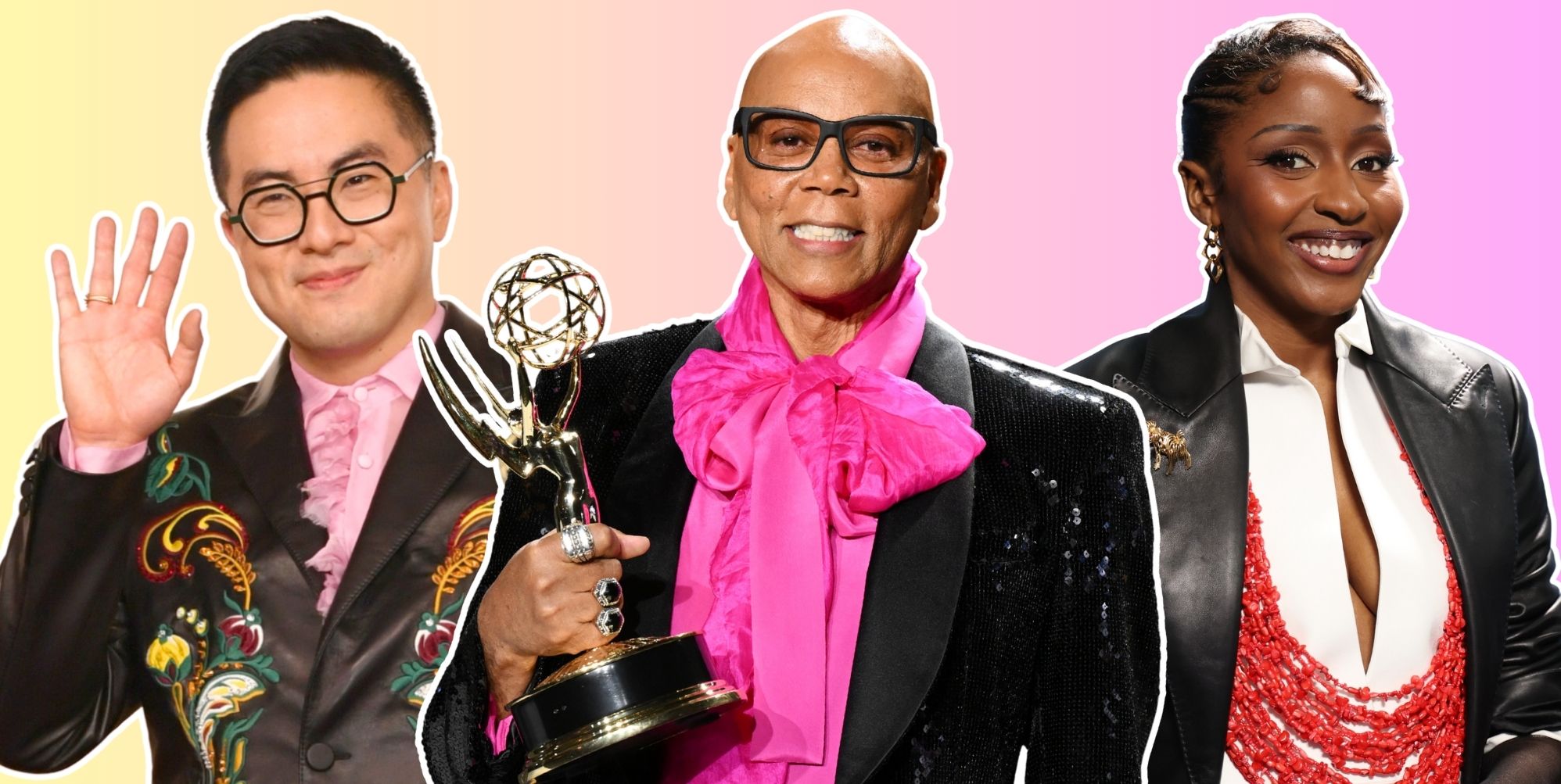 Bowen Yang, RuPaul, and Ayo Edebiri have all made Emmys history. (Getty/Canva)