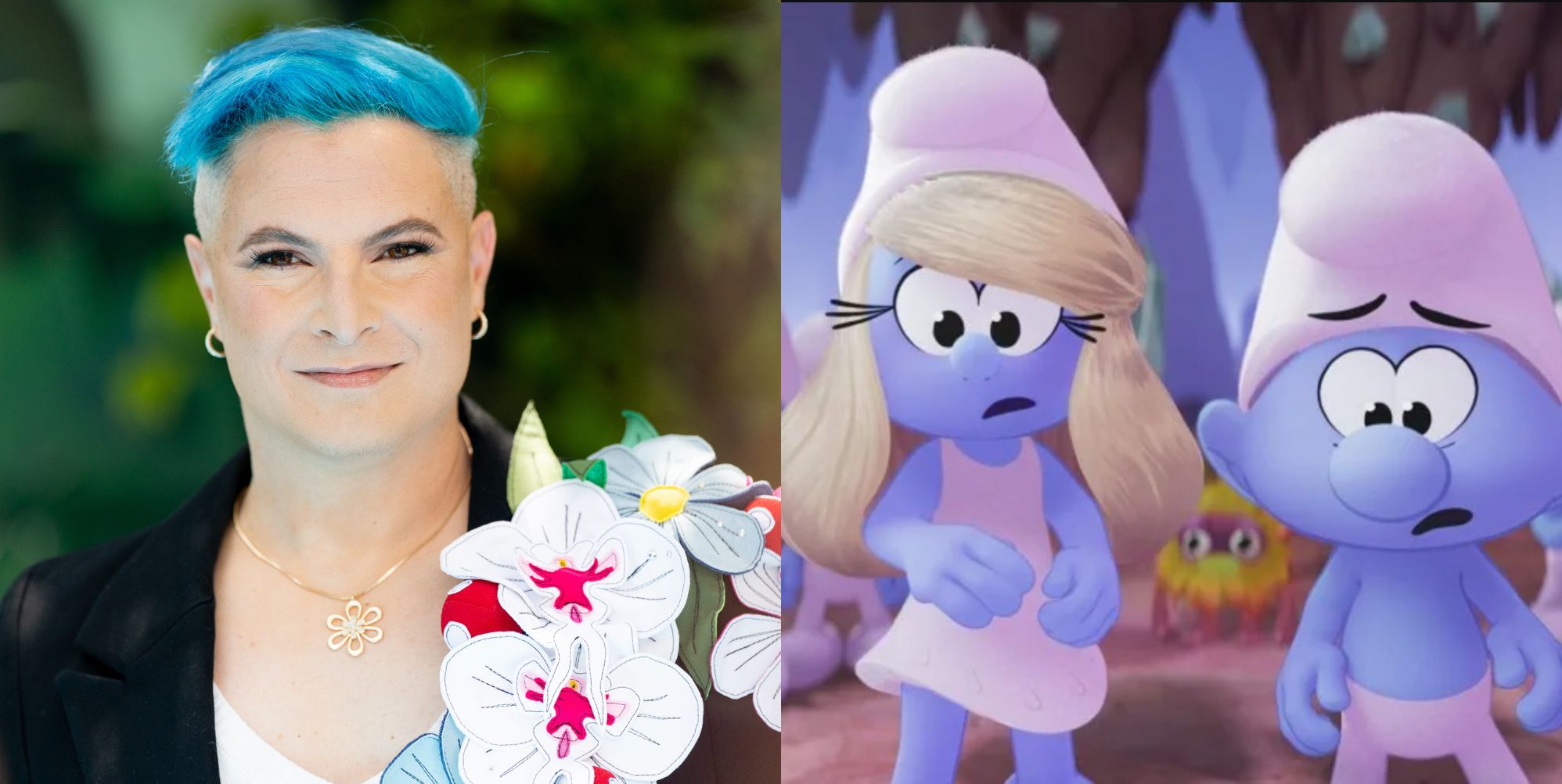 J.P. Karliak (left) at the premiere of the Smurfs. On the right, a still taken from the new Smurfs movie.