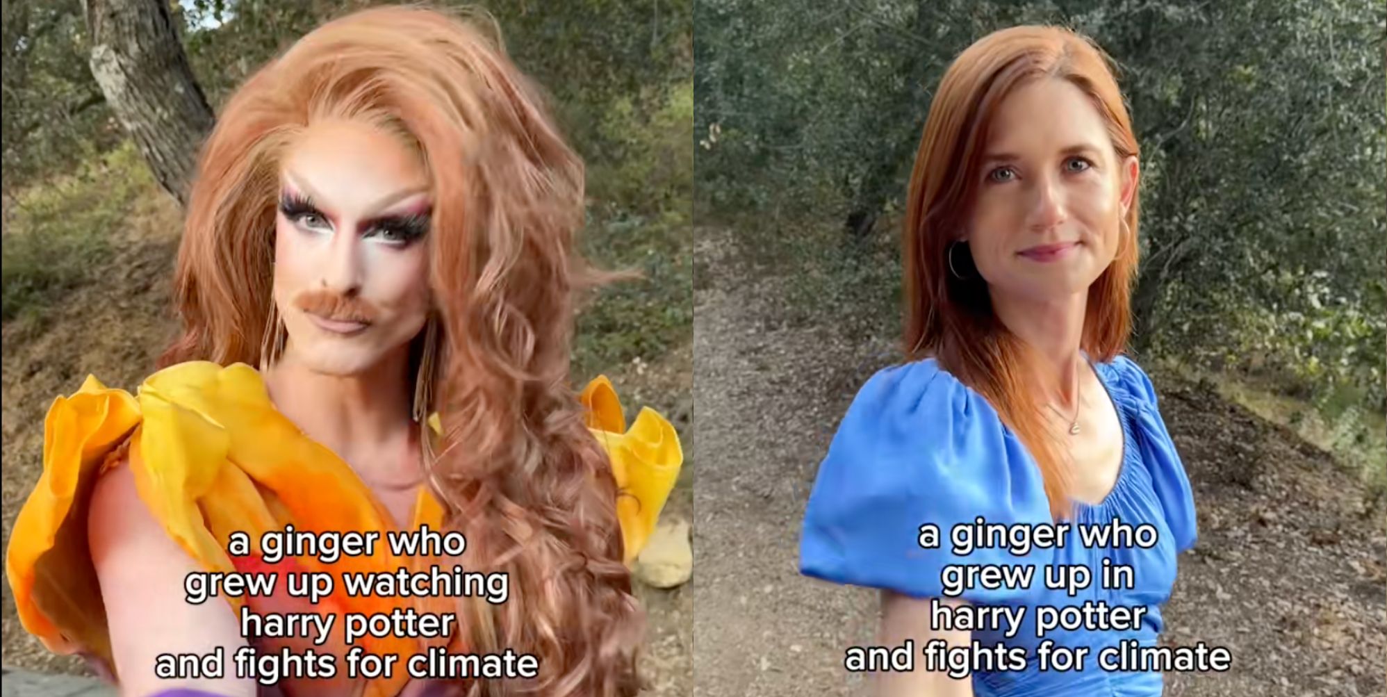Screenshots from a TikTok video. On the left, drag queen Pattie Gonia wears an orange dress and holds out her hand for it to be shook. On the right, actress Bonnie Wright appears in a blue dress, holding out her hand for it to be shook.