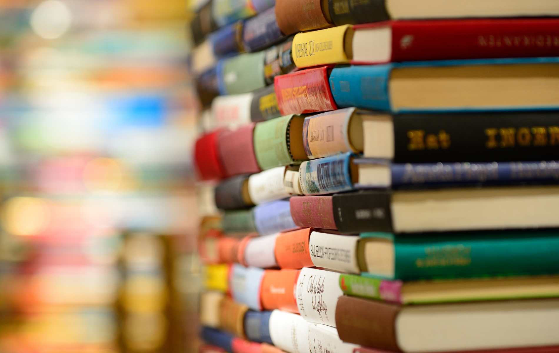 Library books piled.