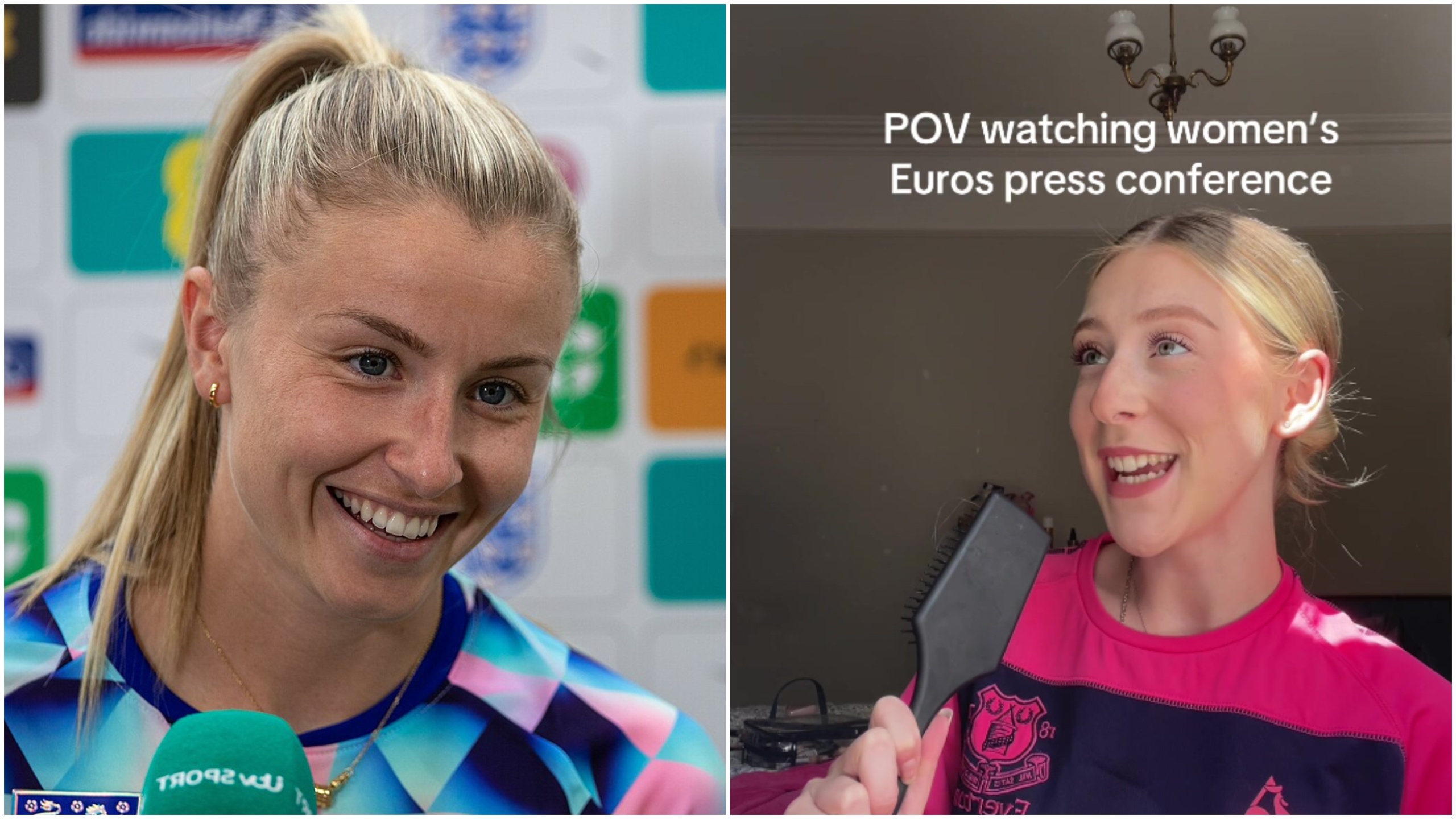 A composite image with England Team Captain Leah Williamson on the left and a TikToker on the right pretending to hold a microphone