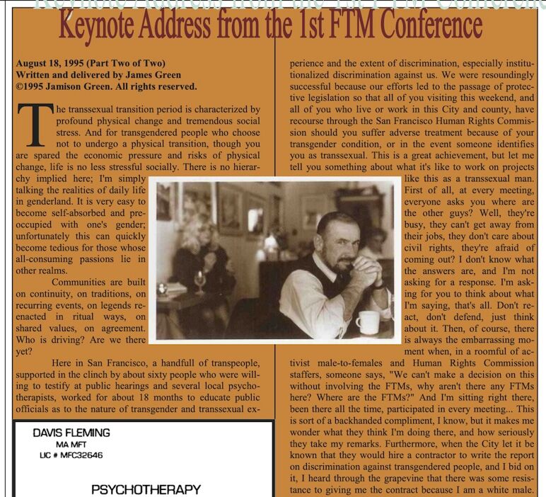 Una copia del discurso de apertura de Jamison Green de la primera conferencia FTM, publicada en el boletín FTM, número 59, 2005 