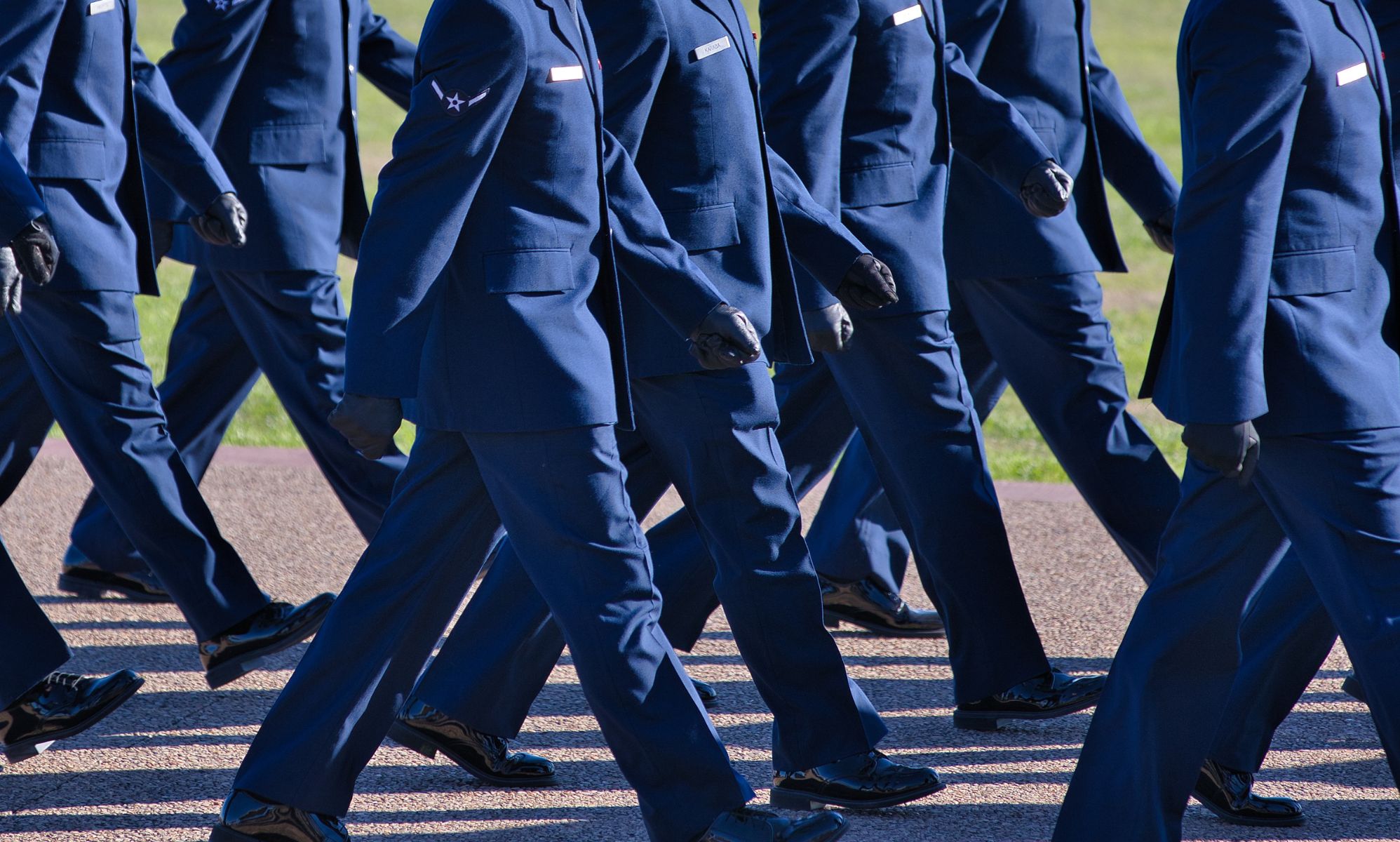 US troops marching in unison.