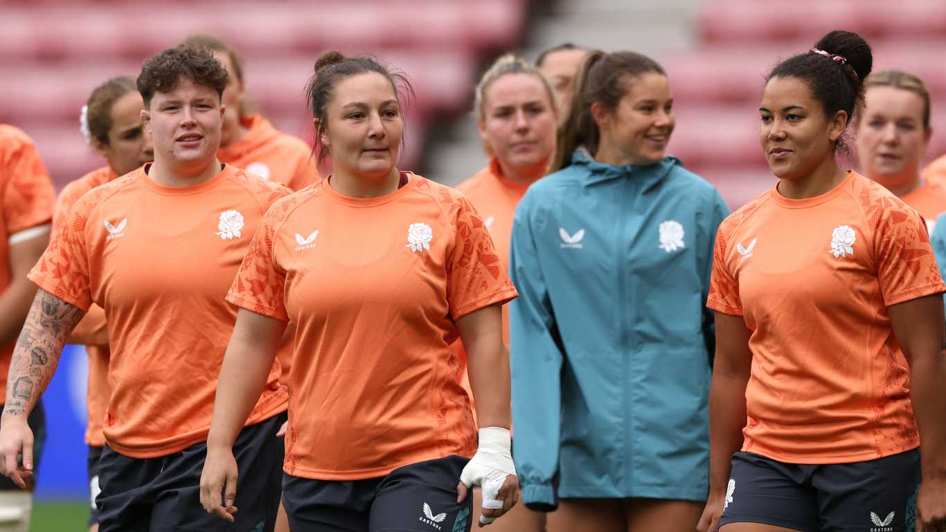 England players Amy Cokayne (c) and team mates look on during the England Red Roses media access at Stadium of Light on 21 August, 2025 in Sunderland, England.