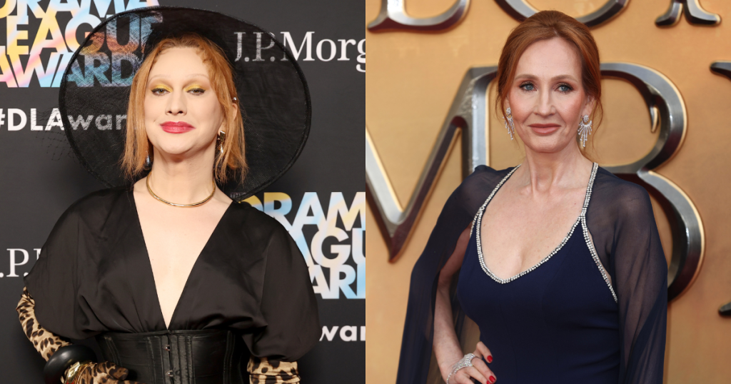 Split photo of Jinkx Monsoon and JK Rowling.