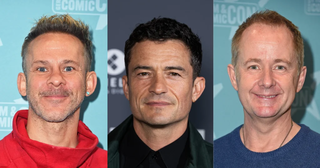 A throwback image of Lord of the Rings stars Dominic Monaghan, Orlando Bloom and Billy Boyd.