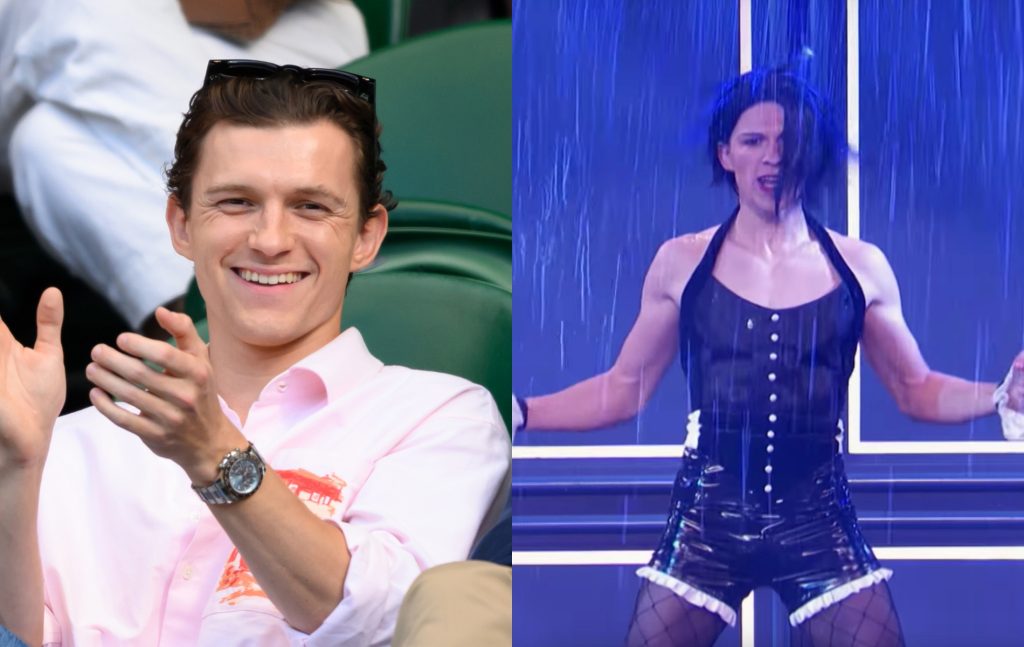 Two images of Tom Holland: In the first, Tom is wearing a pink shirt sat on green seats clapping while watching the Wimbledon Tennis Championships. In the second image, Tom is perfoming his lip-sync battle. He