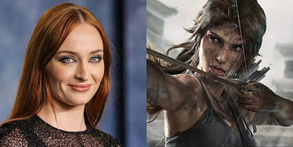 An image of Sophie Turner in 2023 on a red carpet an animated hero lara croft