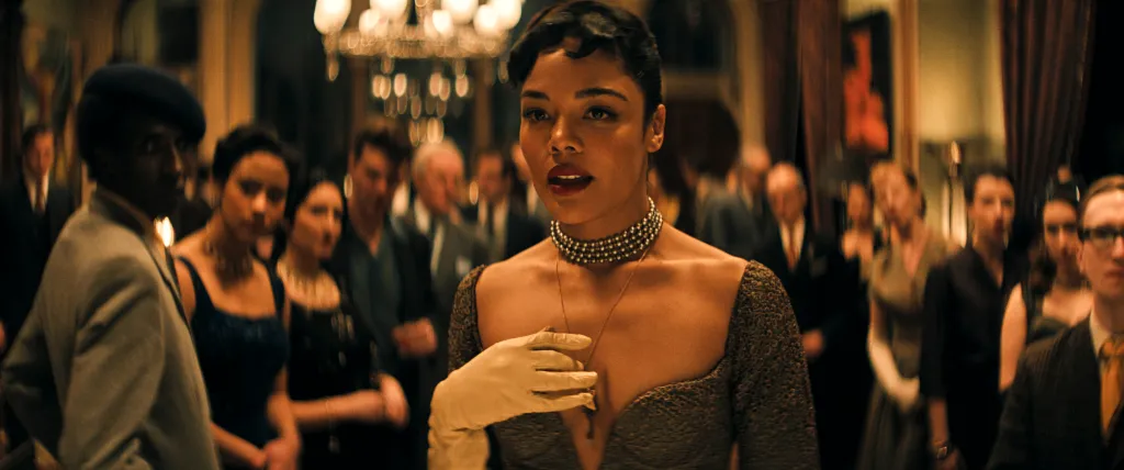 Hedda Still: Tessa Thompson se vistió con un vestido plateado sorprendido mientras la multitud está borrosa en el fondo